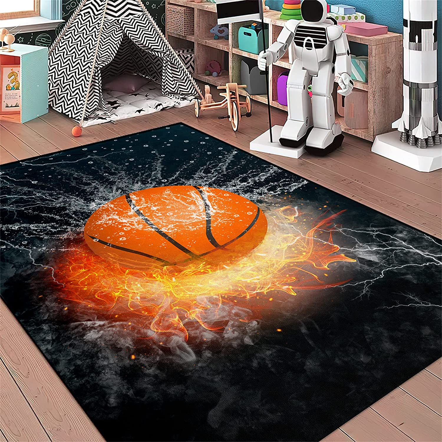Sporty Black Basketball Rug - Durable Playroom Decor for Boys Bedroom and Living Room - Image 3