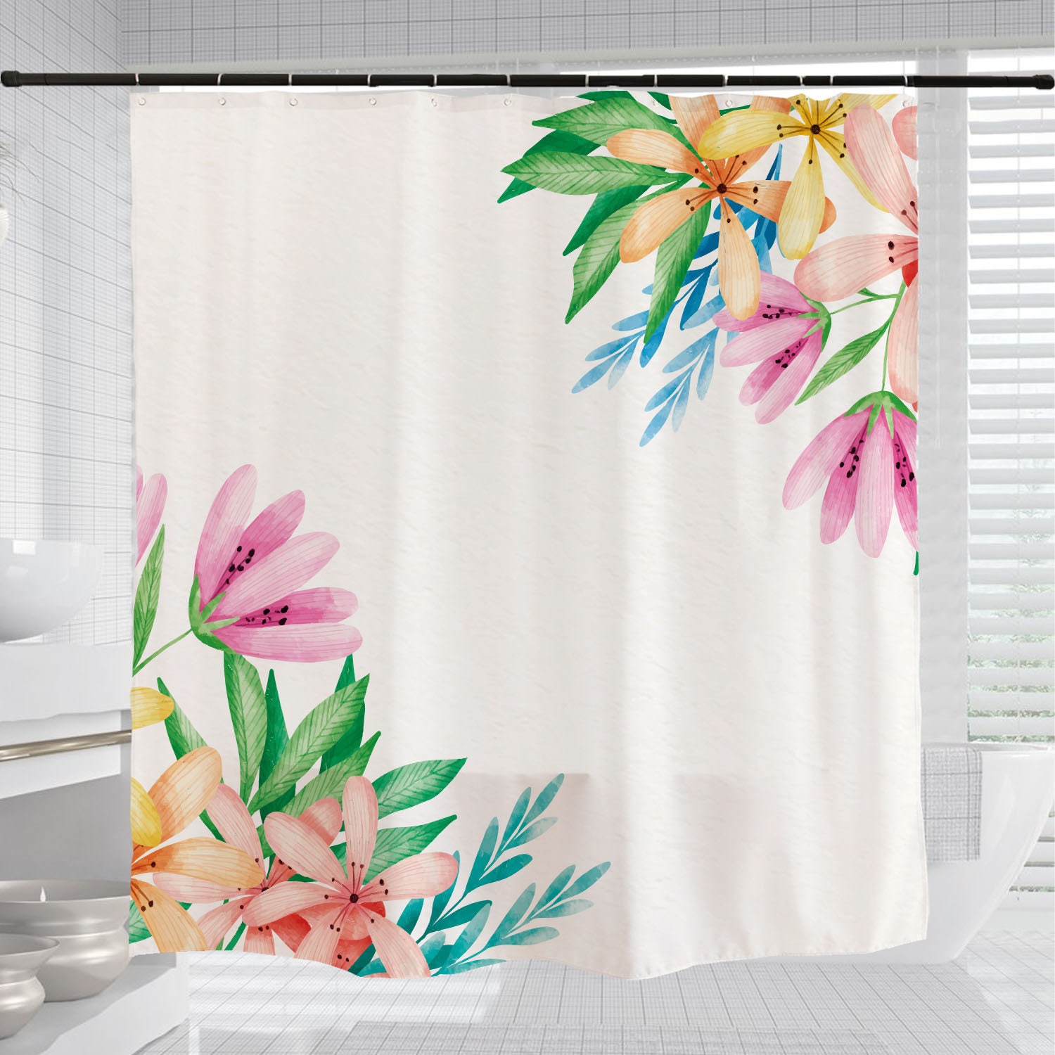 Spring Flowers Shower Curtain, Customizable Size, Plant Floral Bathroom Decor - Image 3