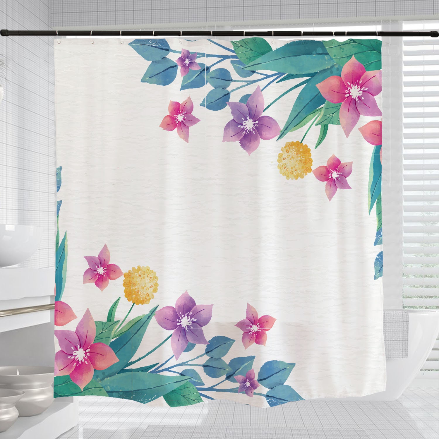 Spring Flowers Shower Curtain, Customizable Size, Plant Floral Bathroom Decor - Image 3