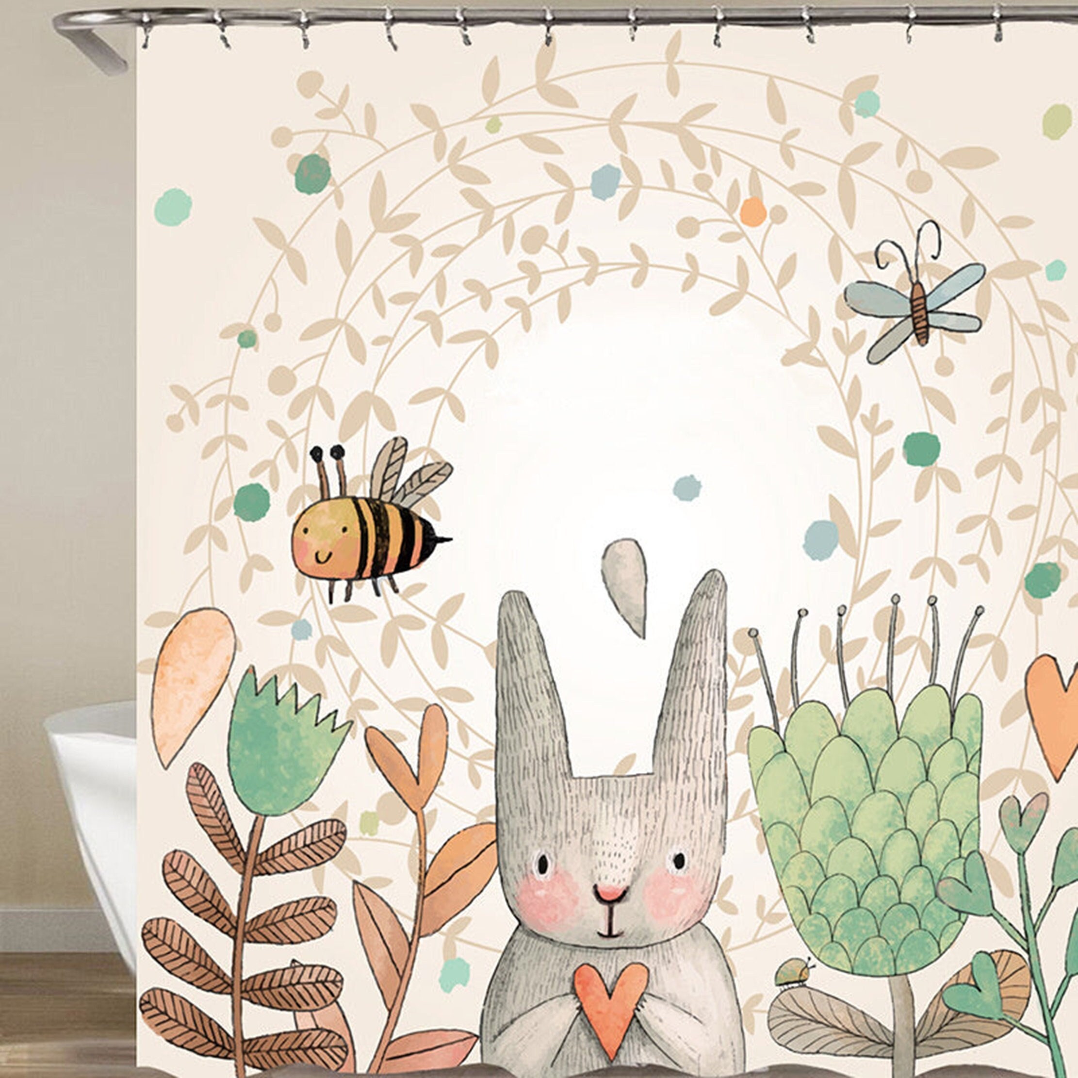 Spring Garden Shower Curtain | Santa Rabbit | Bee Butterfly Tulip Flower Home Bath Decor