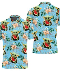 Stand out in a crowd with our All Over Print and Breathable Fabric Baby Yoda Hugging Watermelons Polo Shirt