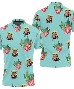 Stand out in our All Over Print Baby Yoda Hugging Flamingos Polo Shirt Lotus Print on Teal Background.
