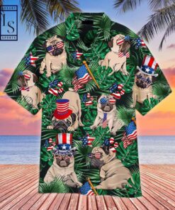 Stand out on the 4th of July with a Happy Pug Hawaiian shirt that features a unique design!