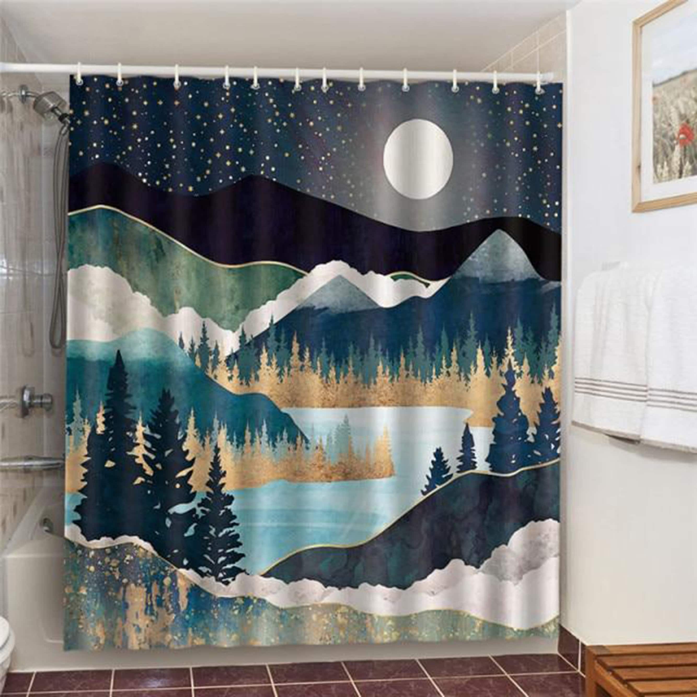 Starry Night Mountain Shower Curtain | Forest Landscape Blue Nature Fabric | Home Bath Decor | Nature Theme