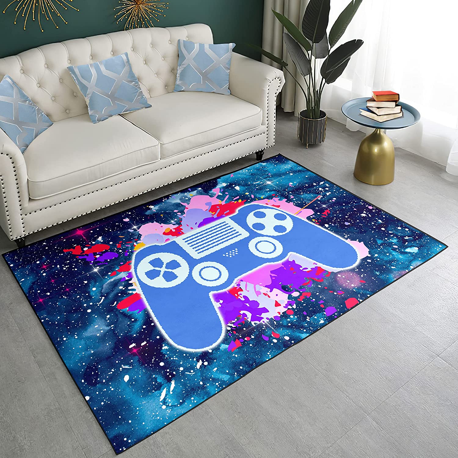 Starry Sky Galaxy Gamer Theme Printed Carpet - Non-Slip Sofa Floor Rug for Kids Room