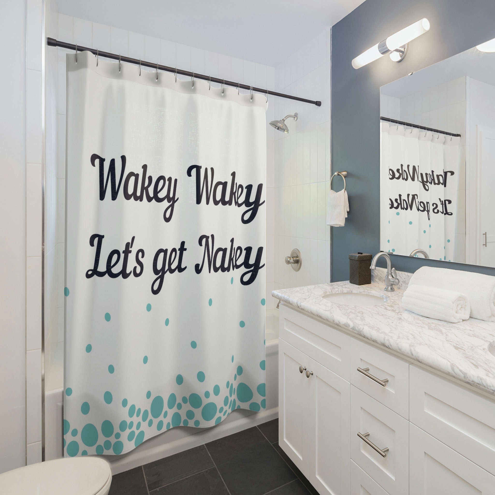 Start your day with a laugh with this Wakey Wakey Let's Get Nakey Funny Shower Curtain