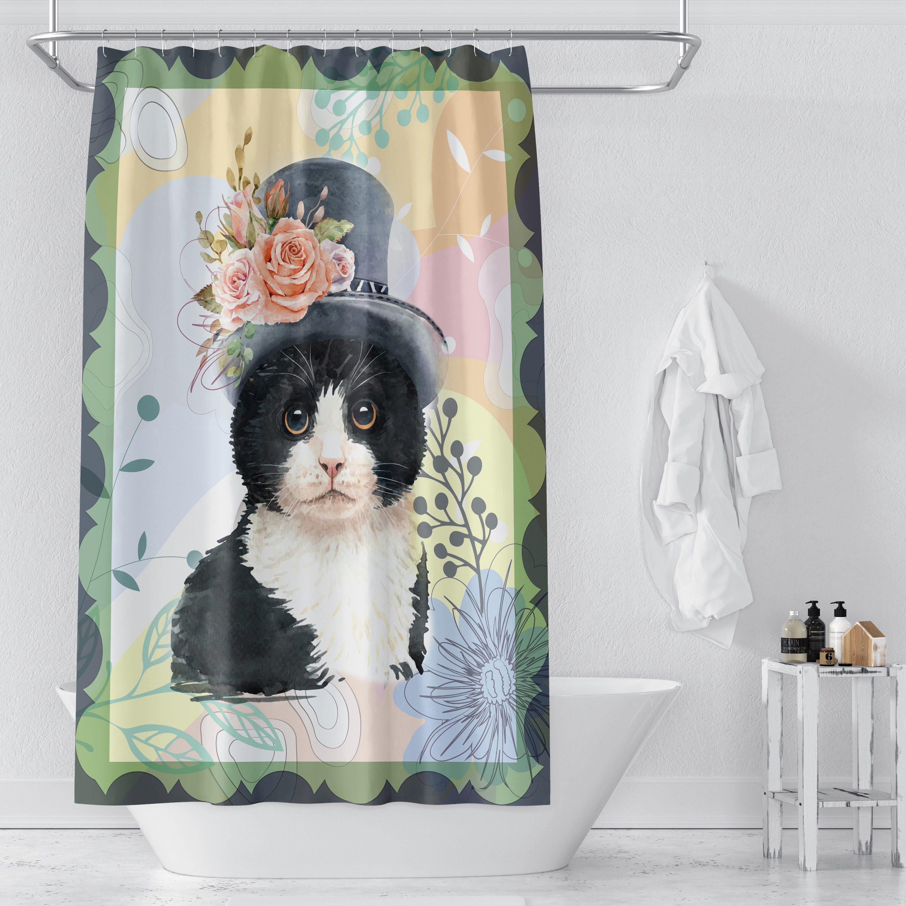 Steampunk Cat Bathroom Decor Shower Curtain, Unique Shower Curtain for Cat Lovers - Image 2