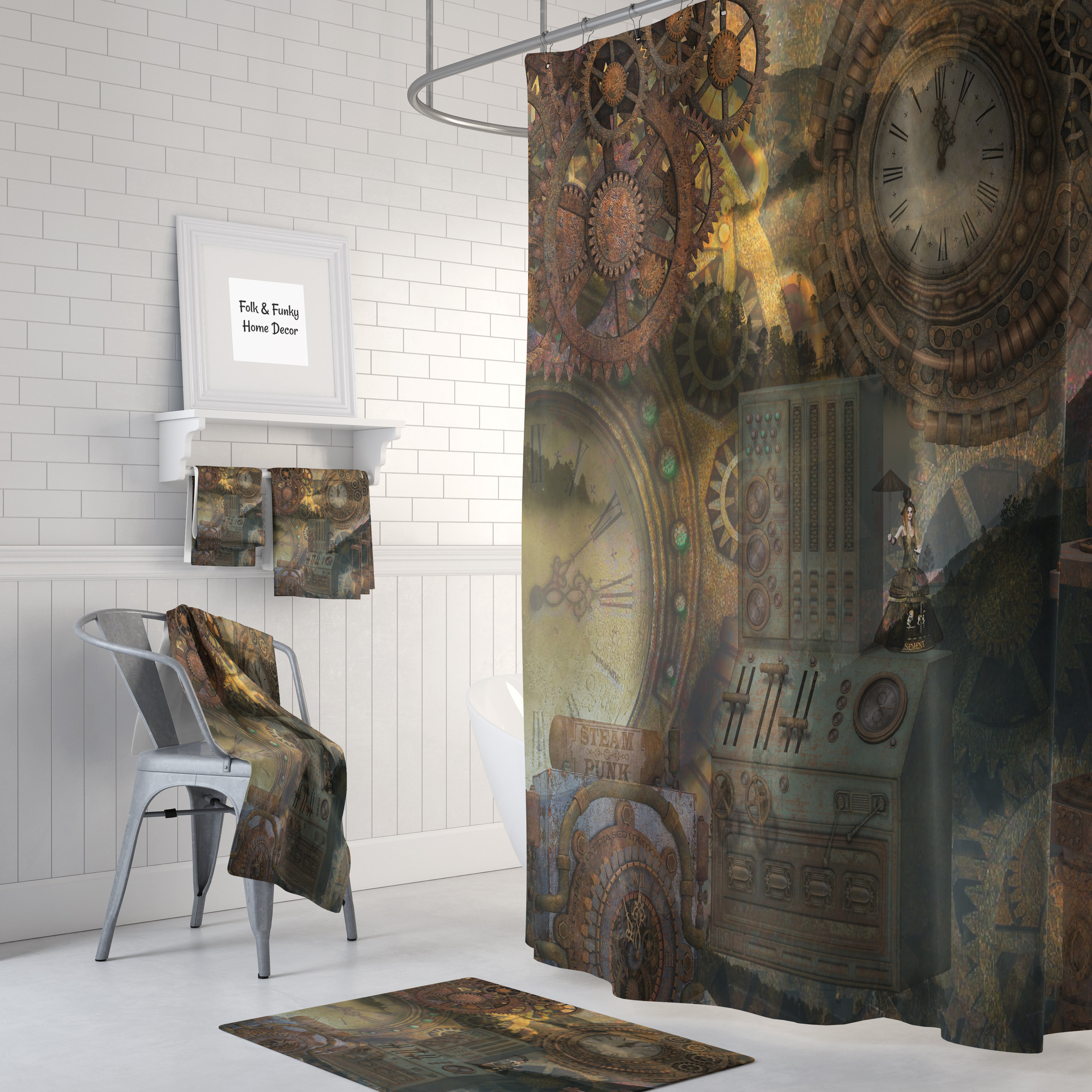 Steampunk Industrial Shower Curtain Set with Unique Bath Accessories