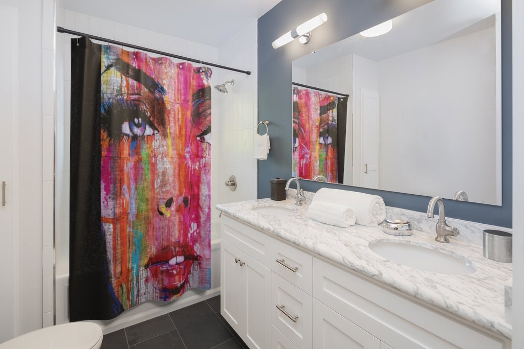 Street Art Shower Curtain, Original Woman's Face Artwork, Beautiful Bath Decor - Image 2