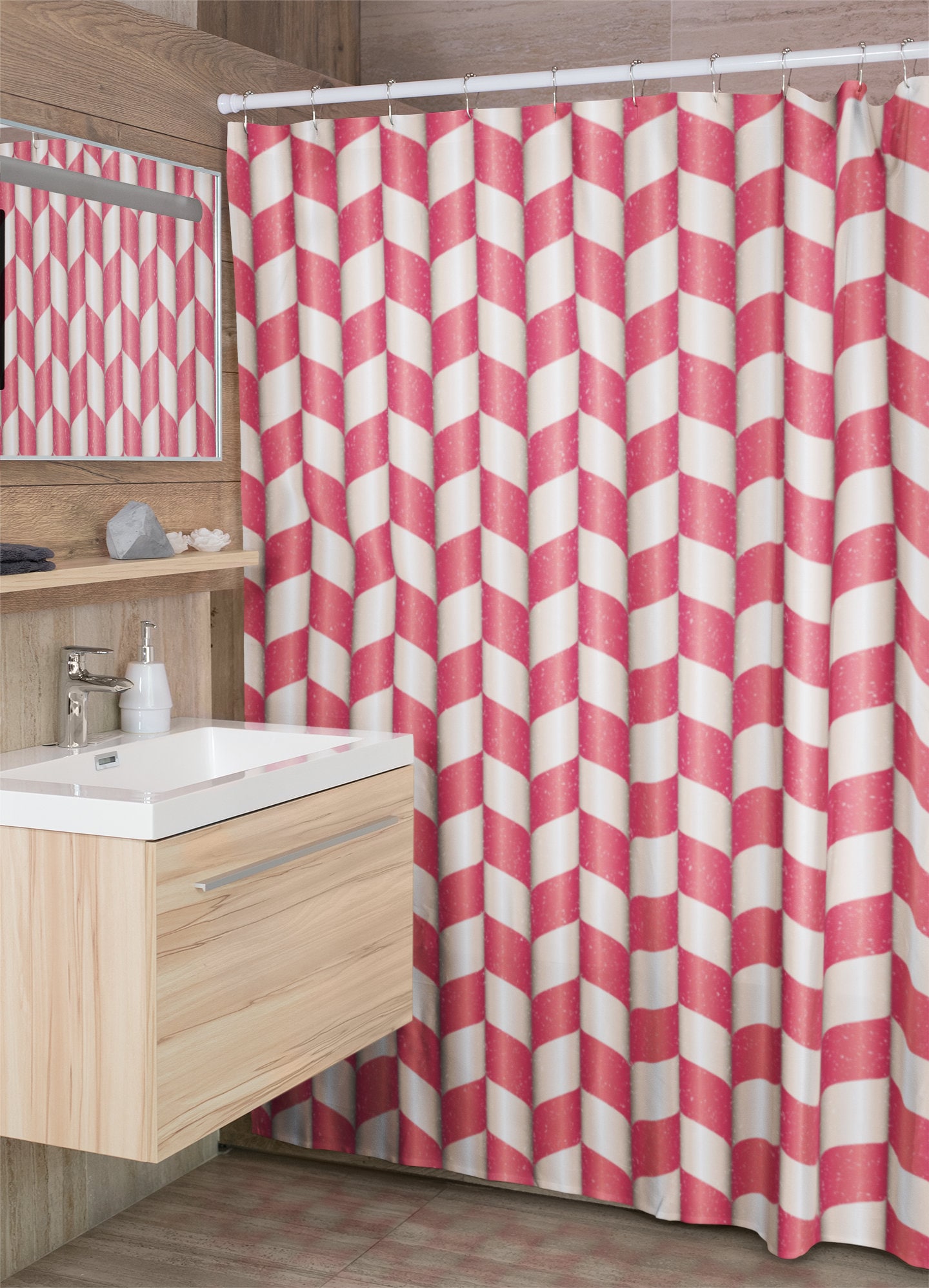Striped Christmas Shower Curtain - Retro Bathroom Accessories and Backdrop for a Cozy Home