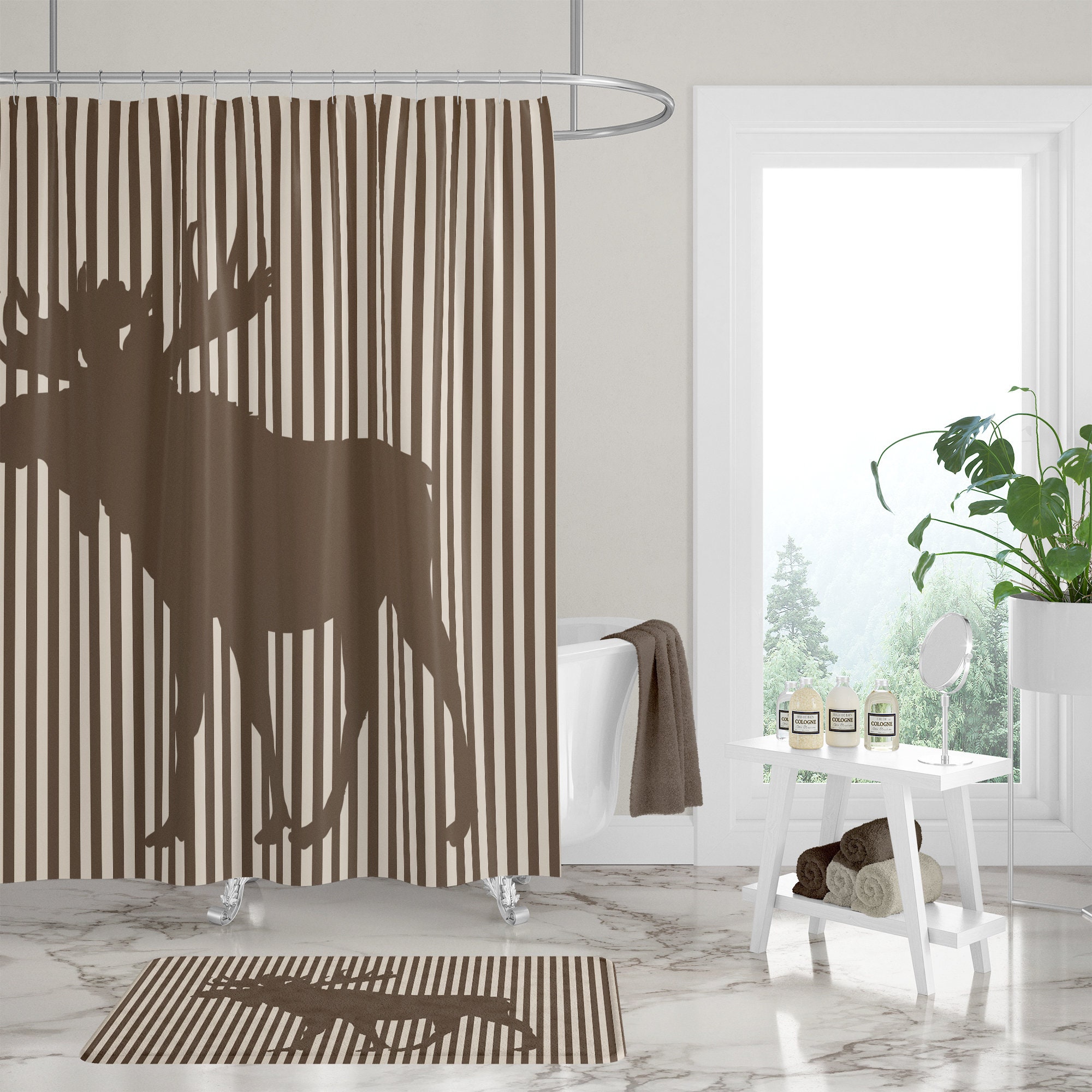 Striped Moose Shower Curtain with Rustic Bath Accessories