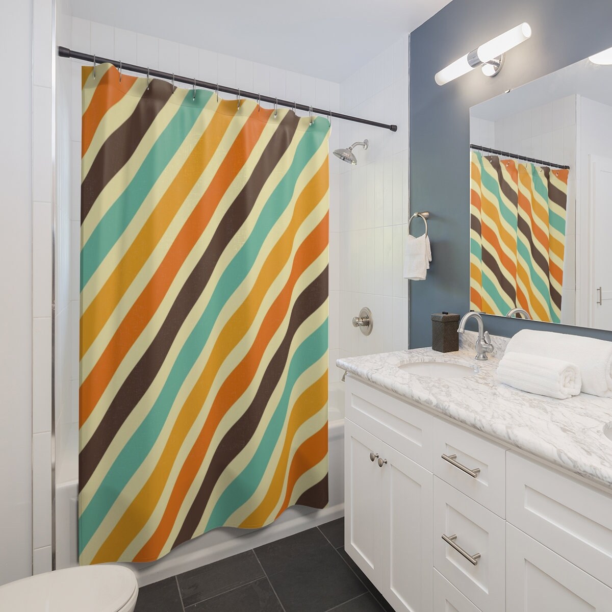 Striped Retro Shower Curtain, 60's 70's Hippie Bathroom Accessory, Tub Curtain - Image 2