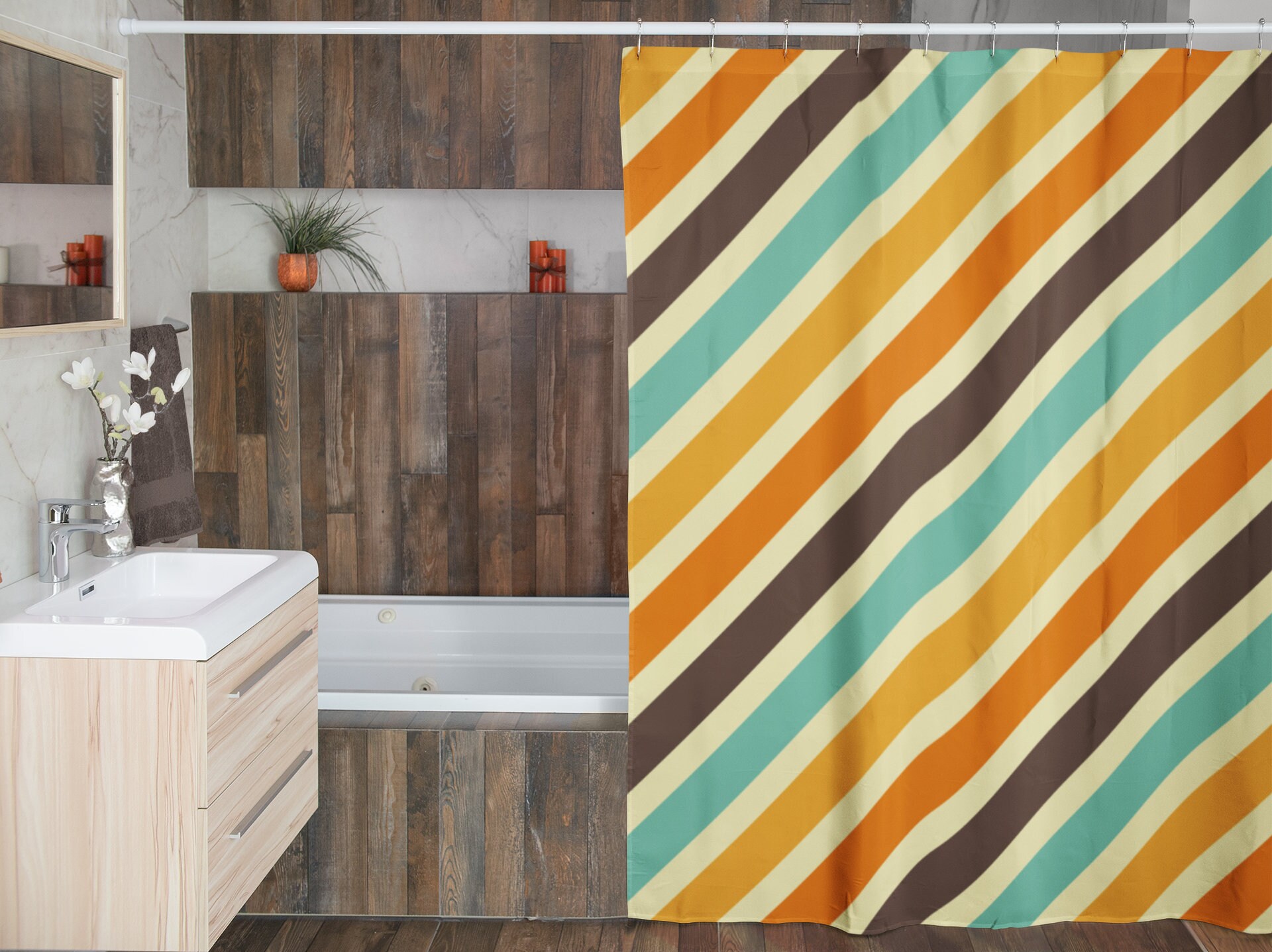 Striped Retro Shower Curtain, 60's 70's Hippie Bathroom Accessory, Tub Curtain - Image 4