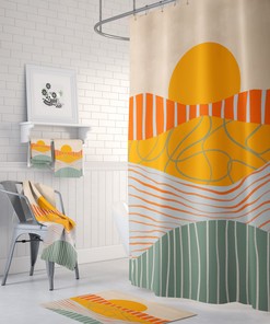 Stunning Sunset Scene in Abstract Shower Curtain with Optional Matching Towels and Mat for Modern Bathroom Decor