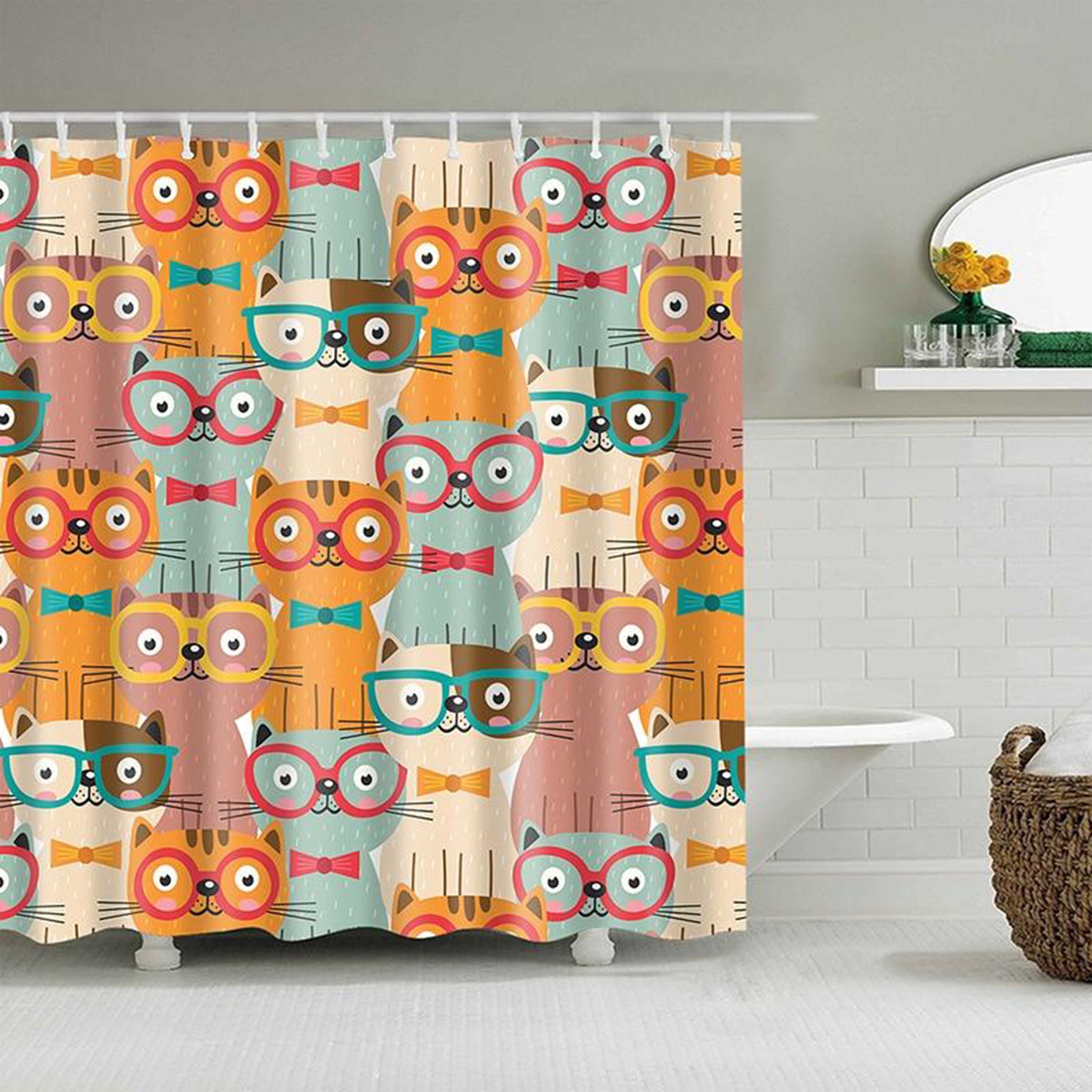 Stylish Cat Shower Curtain, Cute Feline Animal Fabric Bathroom Decor, Housewarming Gift for Cat Lovers