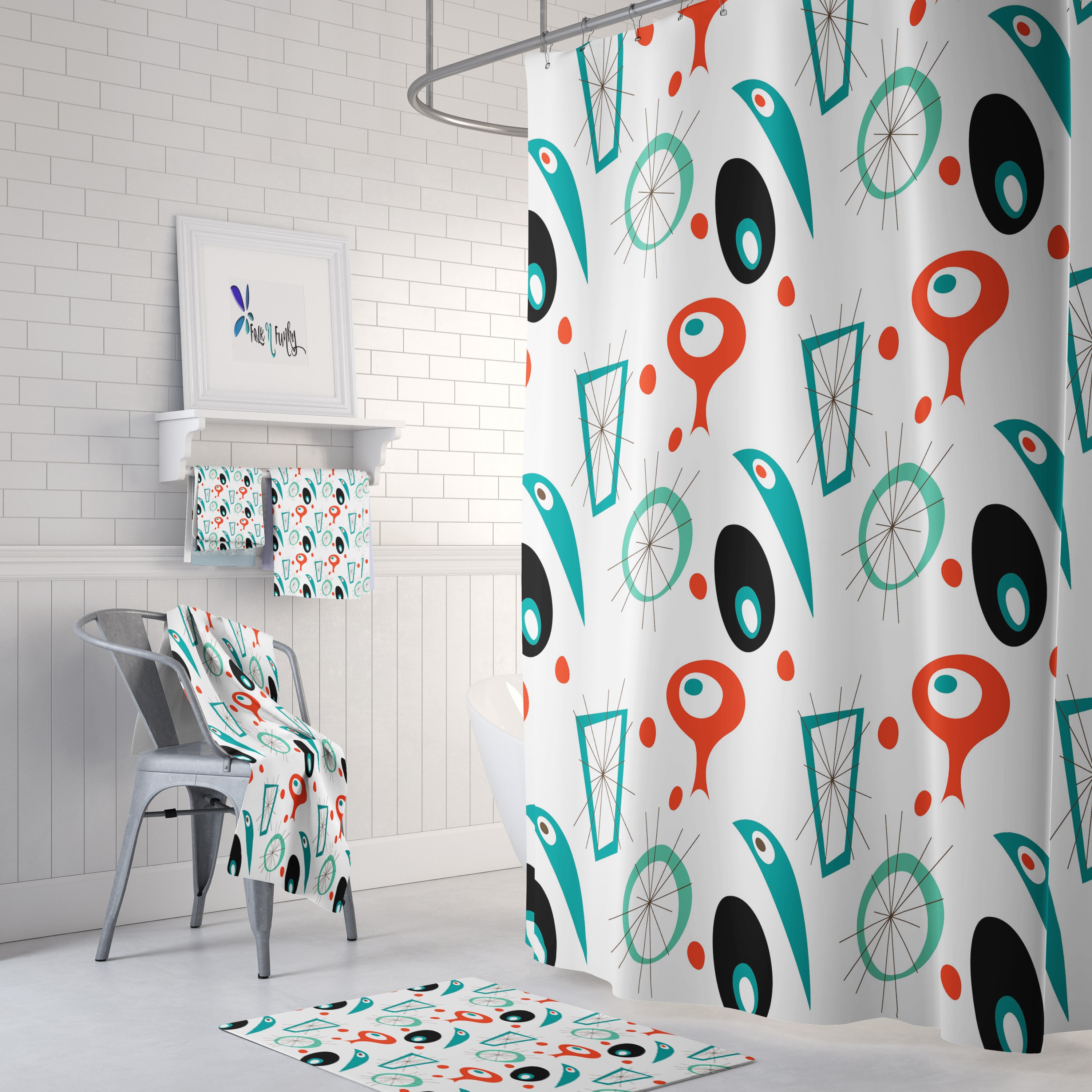 Stylish Mid Century Modern Theme Shower Curtain - Options for Towels and Mat Available