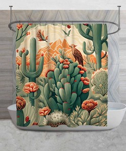 Stylish William Morris Style Shower Curtain with Desert Cactus Design and Green and Orange Artistic Bathroom Decor
