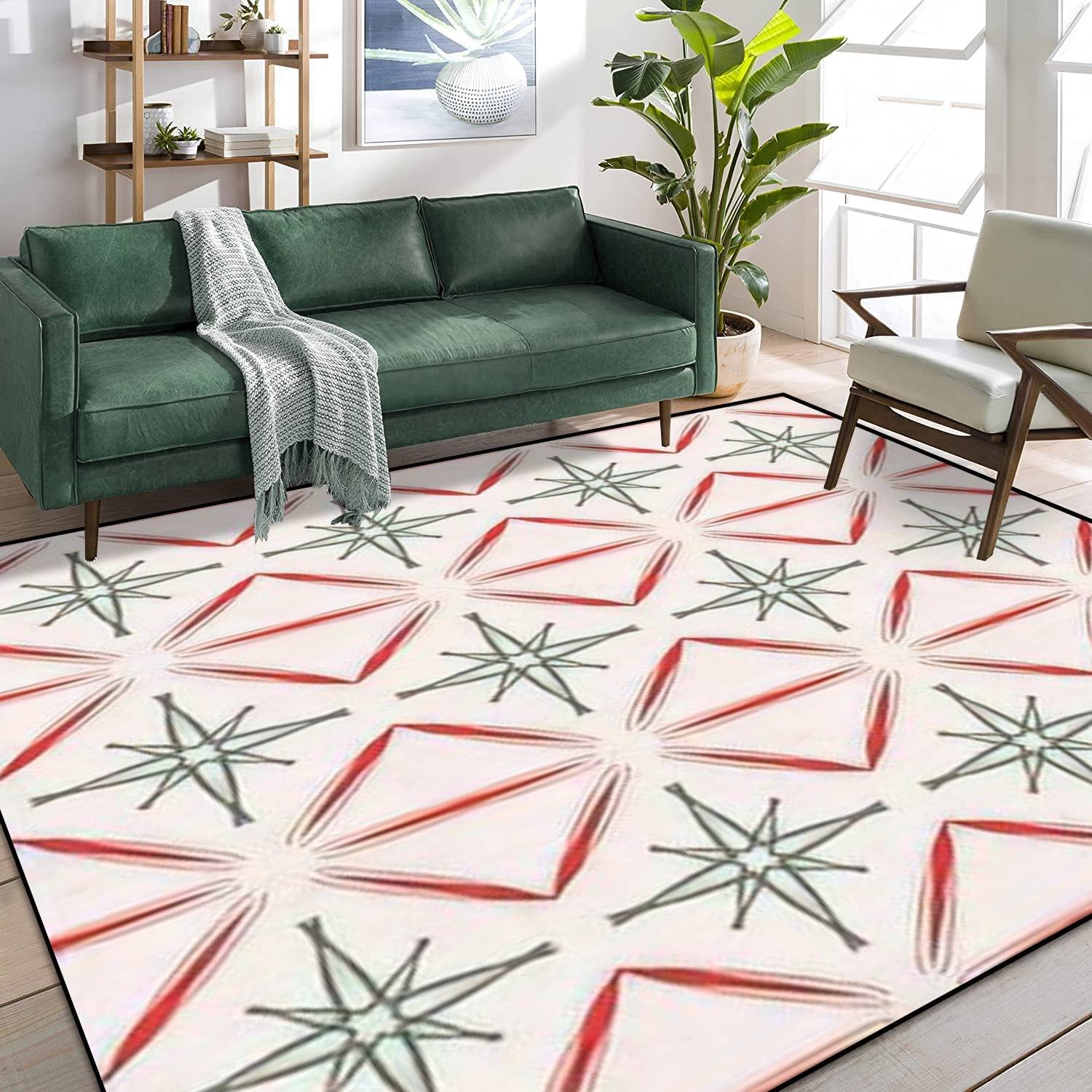 Stylized Boho Non-Skid Area Rug with Retro Christmas Mid Century Vintage Theme for Living Room - Image 2