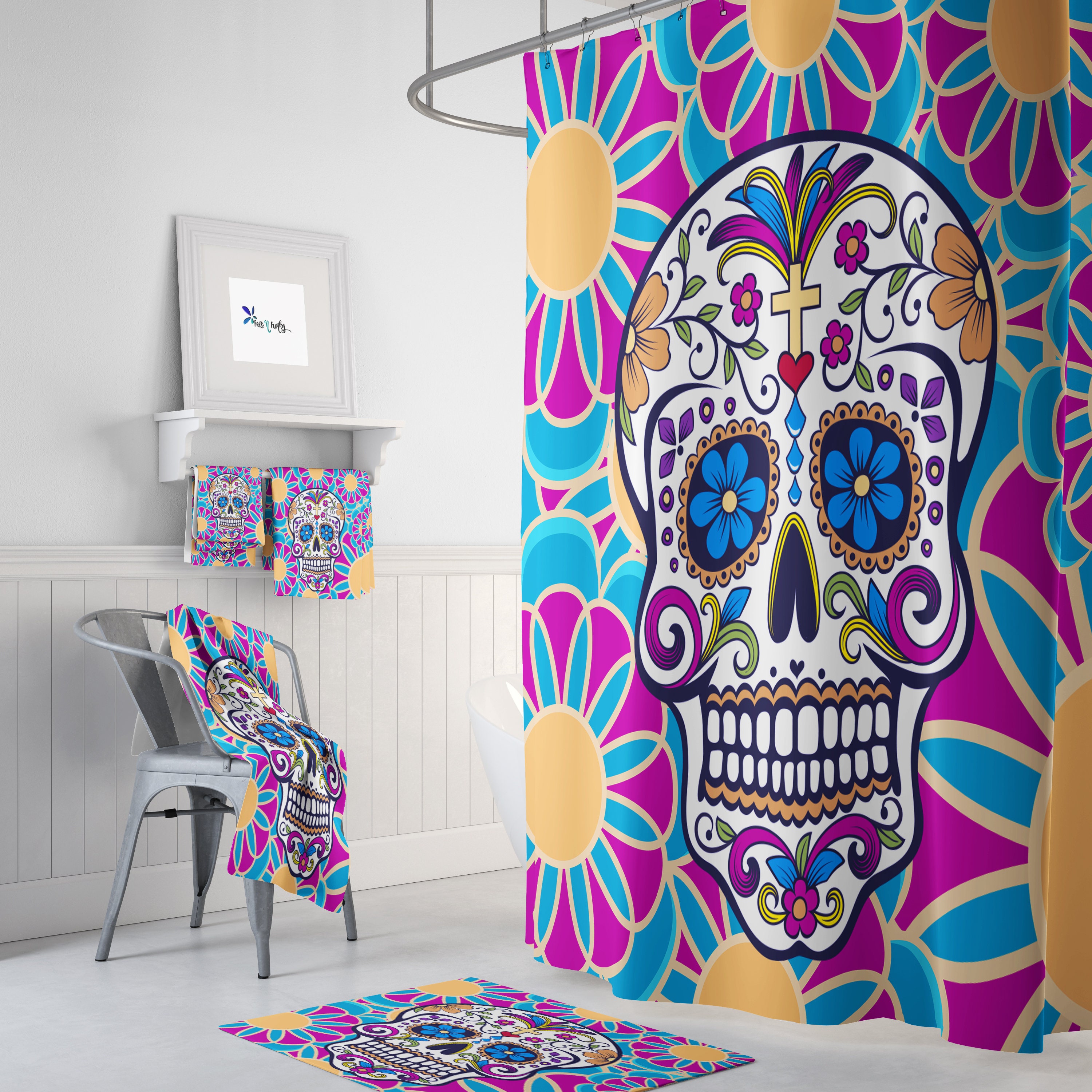 Sugar Skull Bathroom Set featuring Shower Curtain, Bath Mat, and Towels