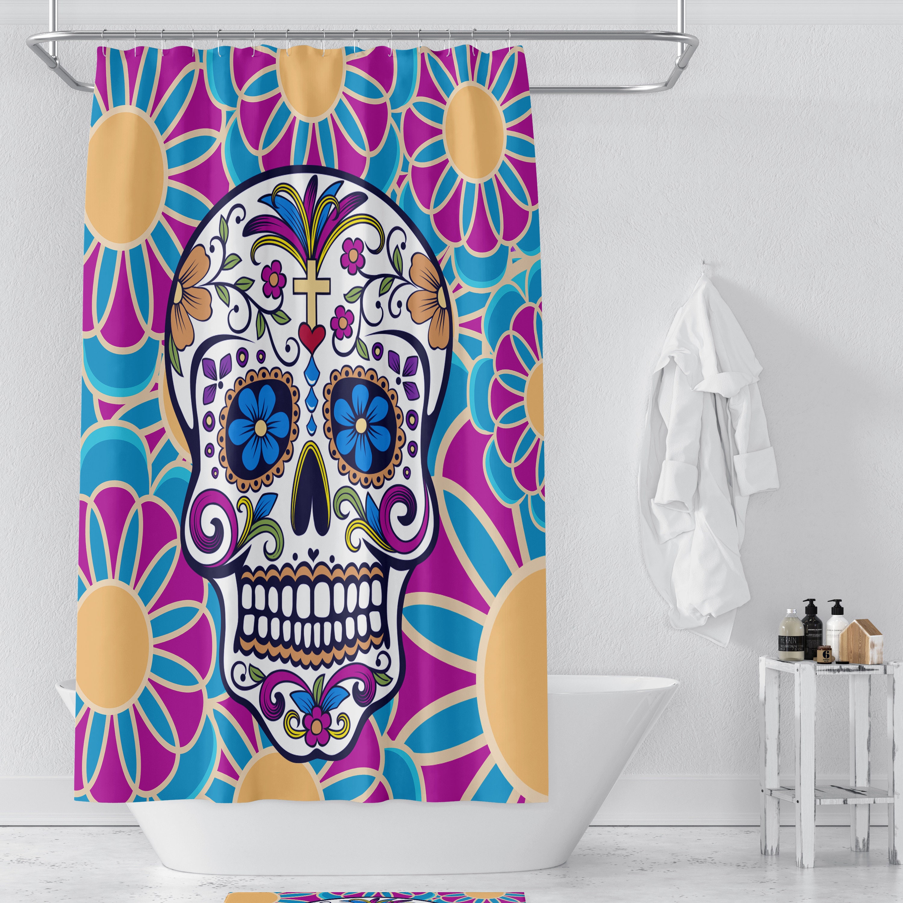 Sugar Skull Bathroom Set featuring Shower Curtain, Bath Mat, and Towels - Image 2