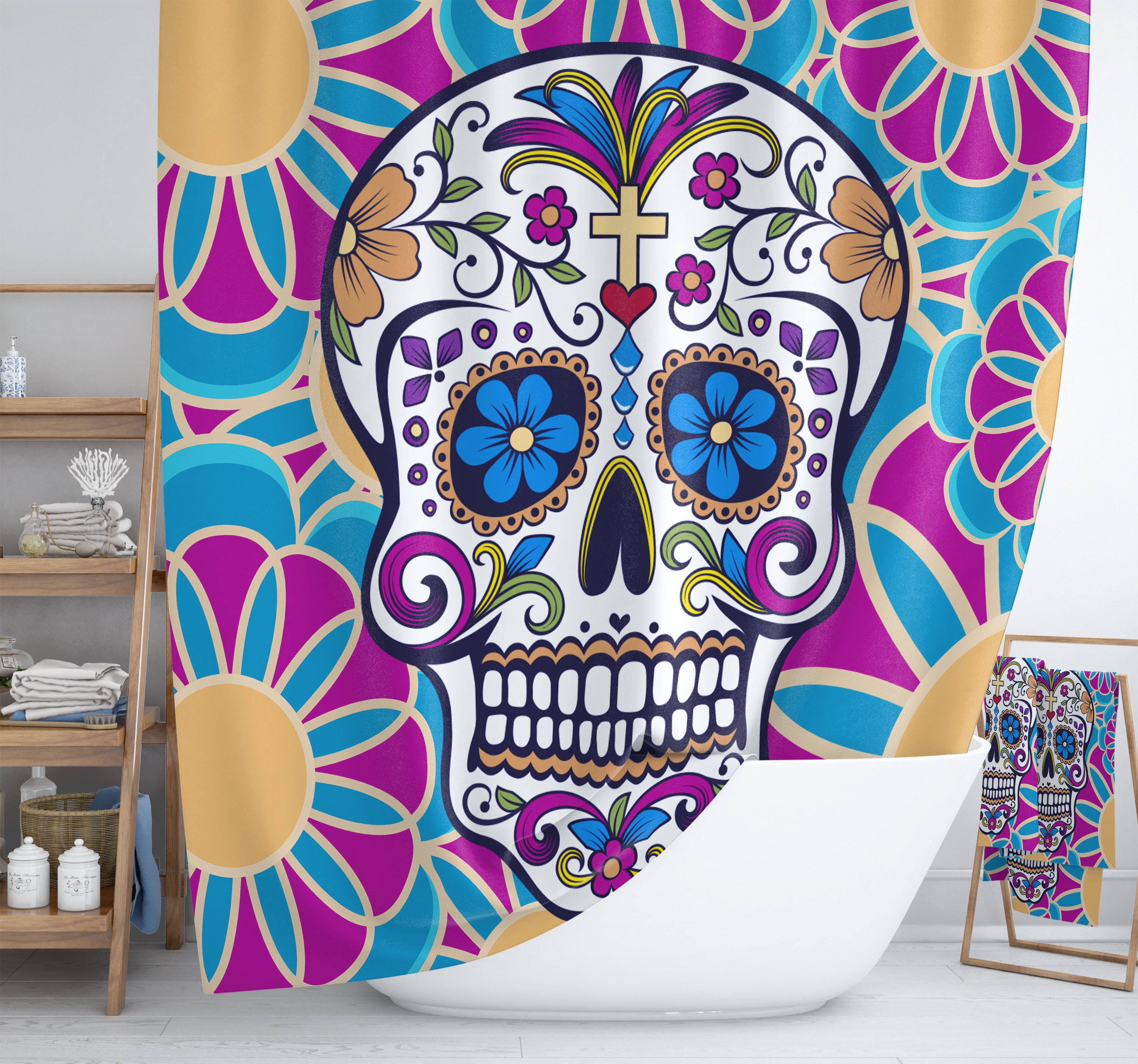 Sugar Skull Bathroom Set featuring Shower Curtain, Bath Mat, and Towels - Image 3