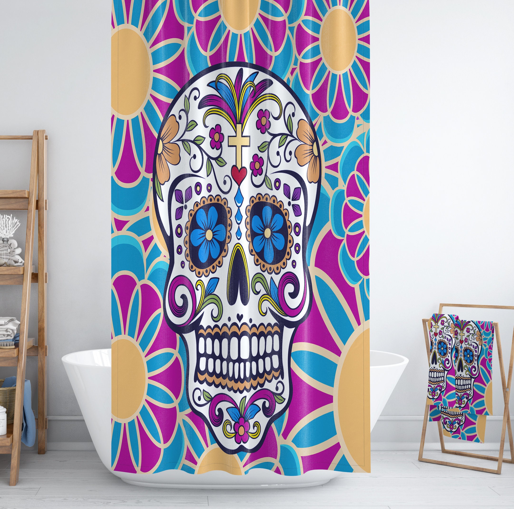 Sugar Skull Bathroom Set featuring Shower Curtain, Bath Mat, and Towels - Image 4