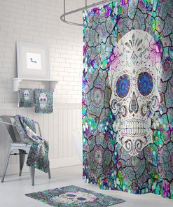 Sugar Skull Boho Shower Curtain, Colorful Mosaic Bath Print, Bohemian Bathroom Accessories, Halloween Decor
