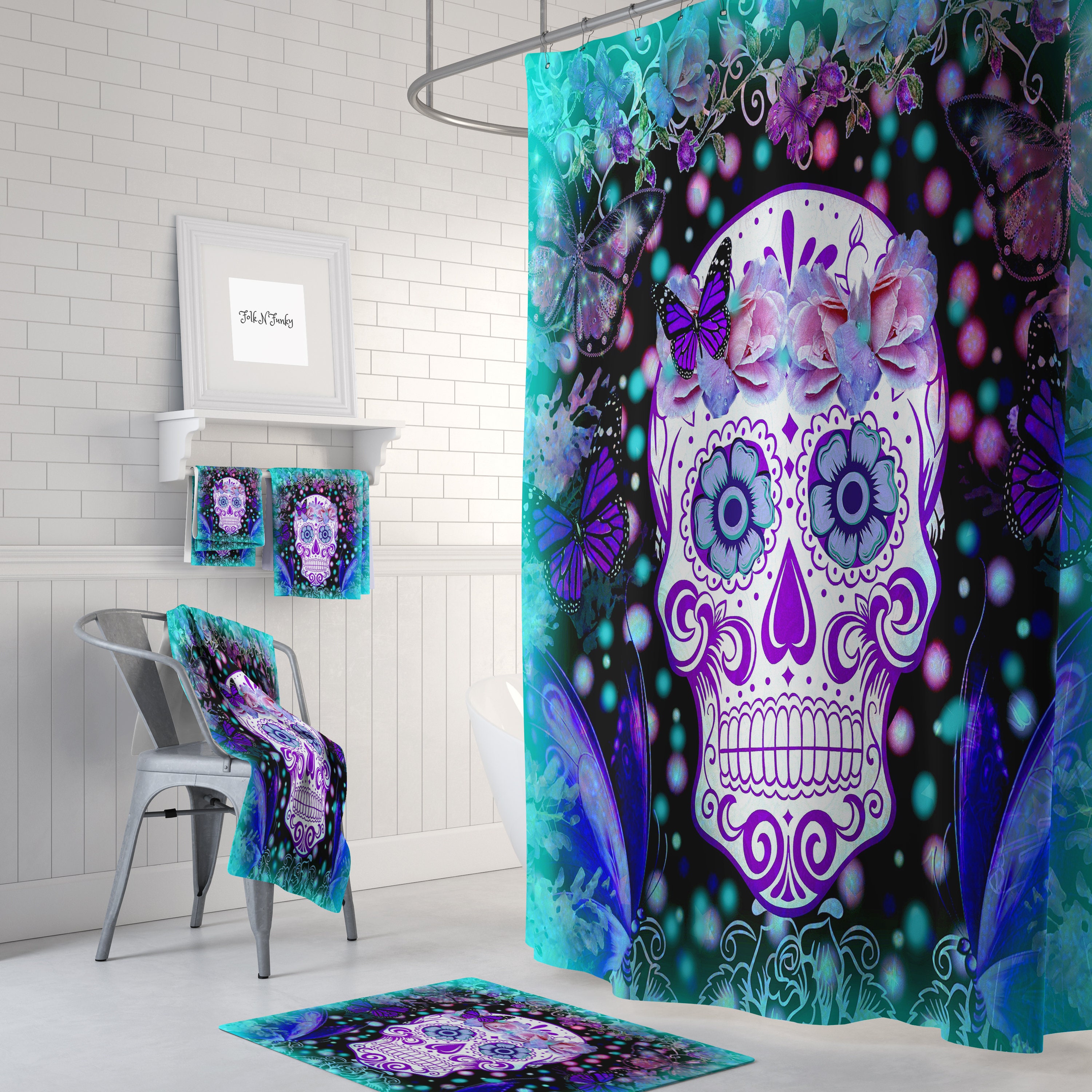 Sugar Skull Butterflies Frosted Teal Shower Curtain Set with Day of the Dead Bath Items