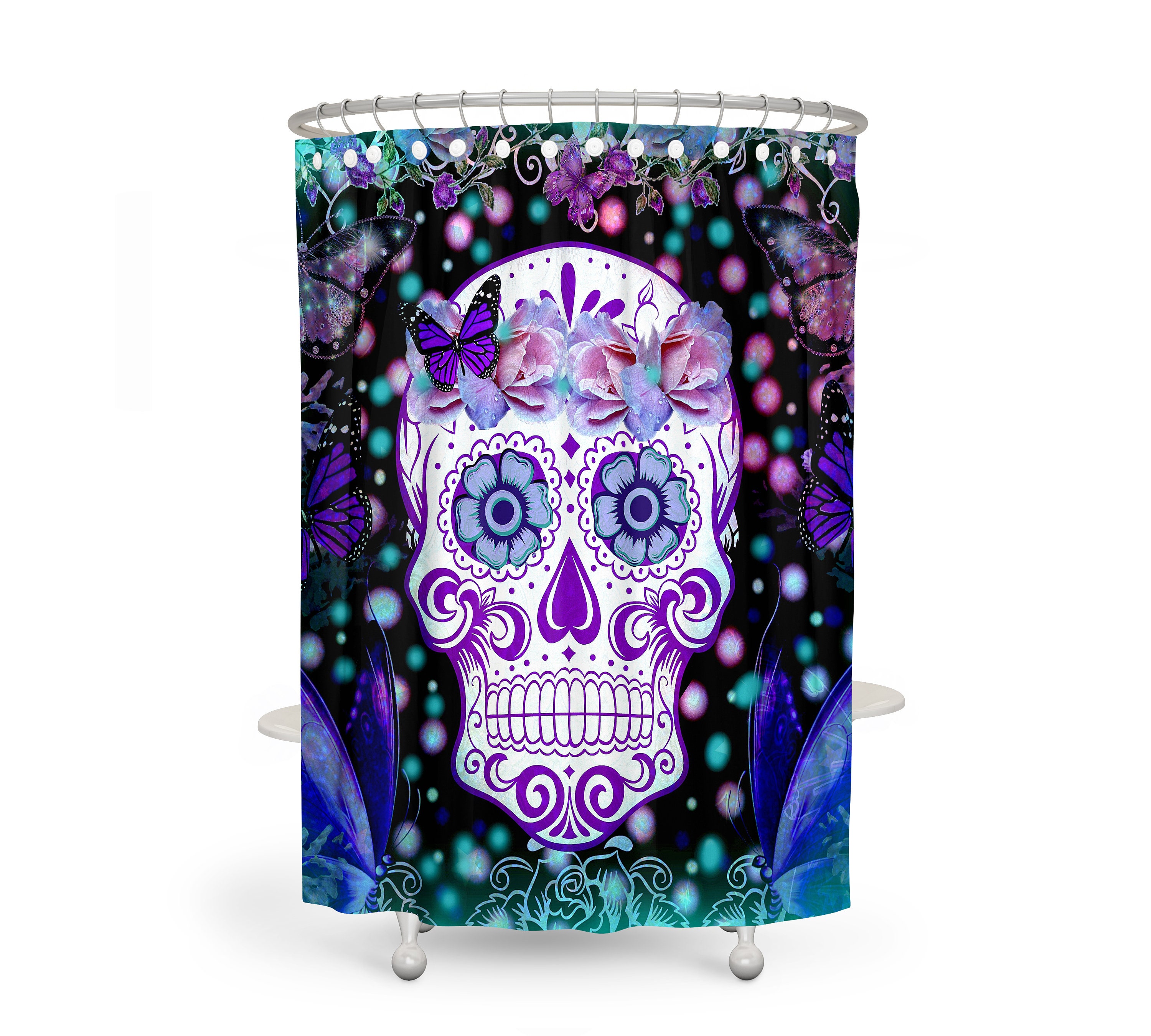 Sugar Skull Butterflies Frosted Teal Shower Curtain Set with Day of the Dead Bath Items - Image 2