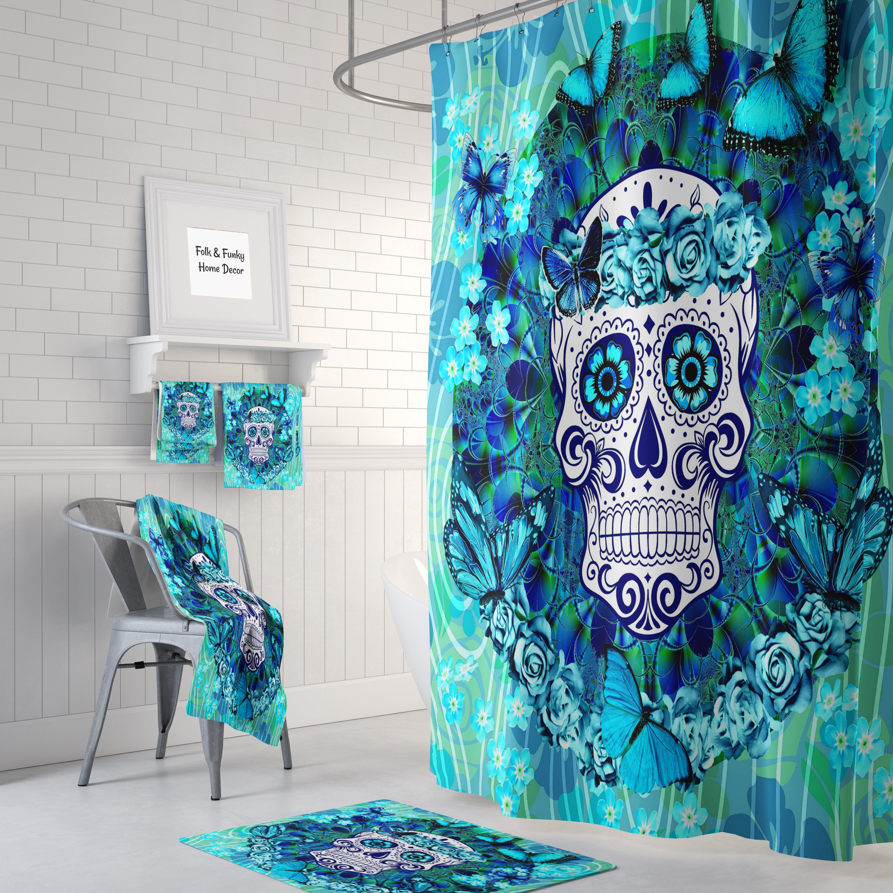 Sugar Skull Butterflies Shower Curtain Set with Teal Towels