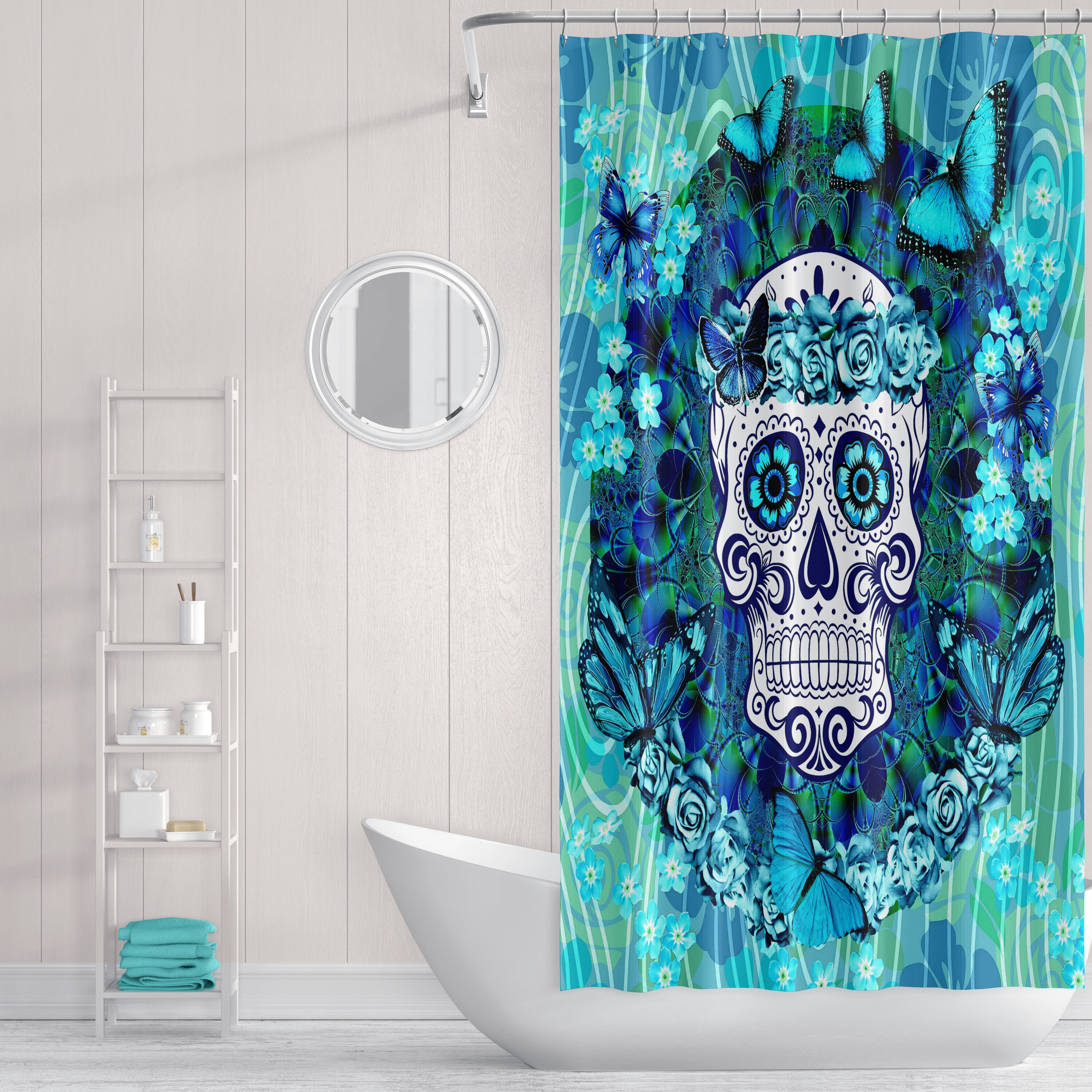 Sugar Skull Butterflies Shower Curtain Set with Teal Towels - Image 2