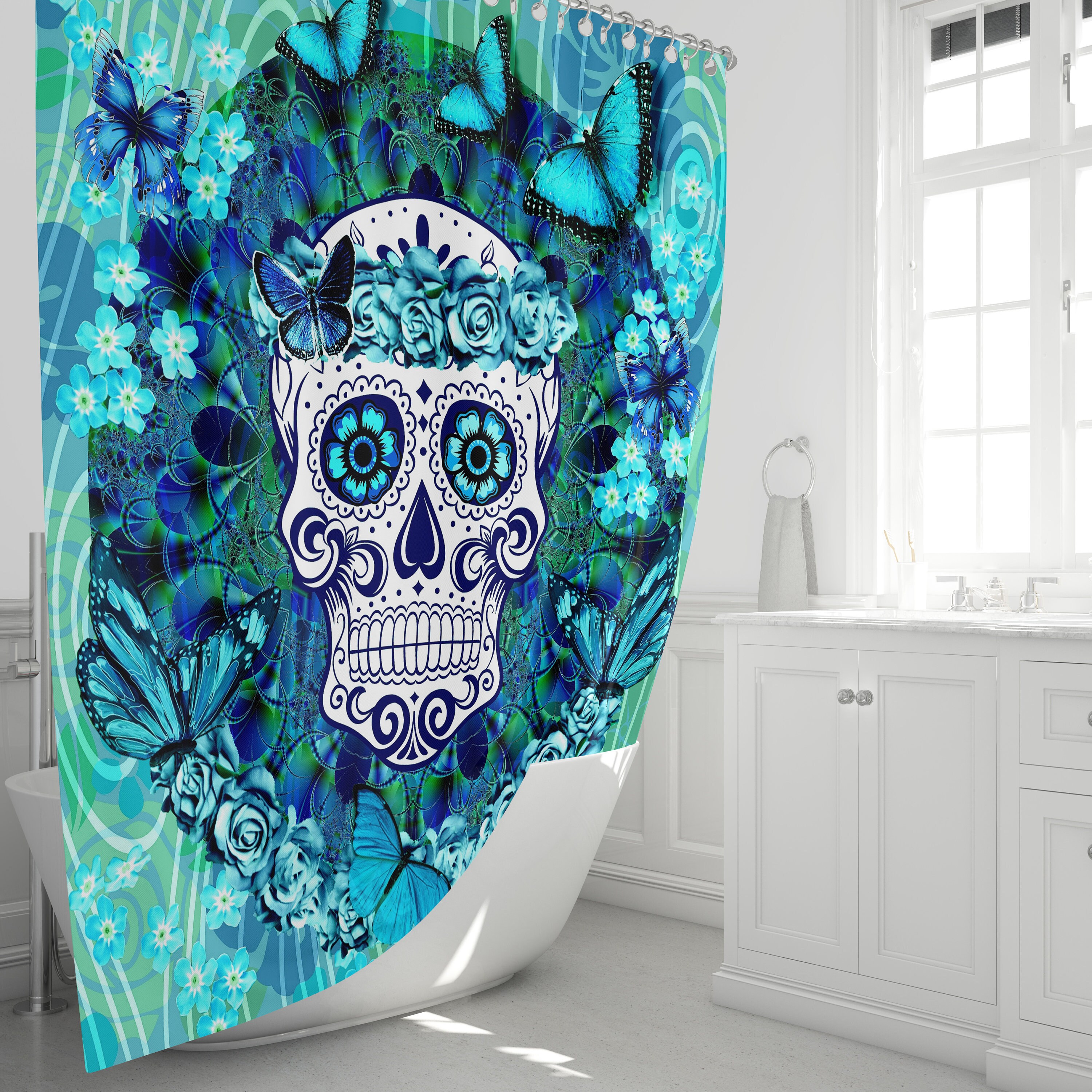Sugar Skull Butterflies Shower Curtain Set with Teal Towels - Image 3