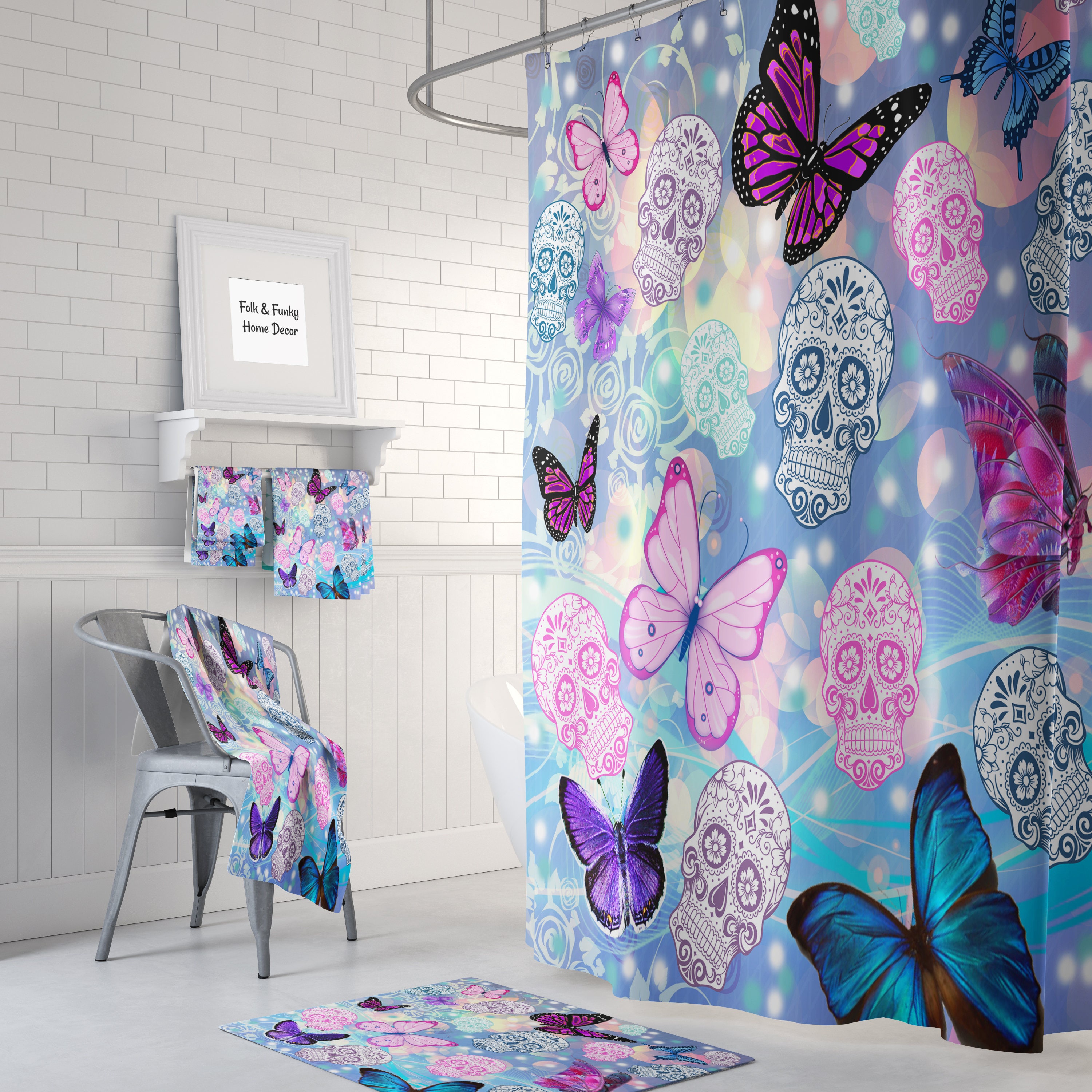 Sugar Skull Butterflies Shower Curtain with Day of the Dead Bath Items