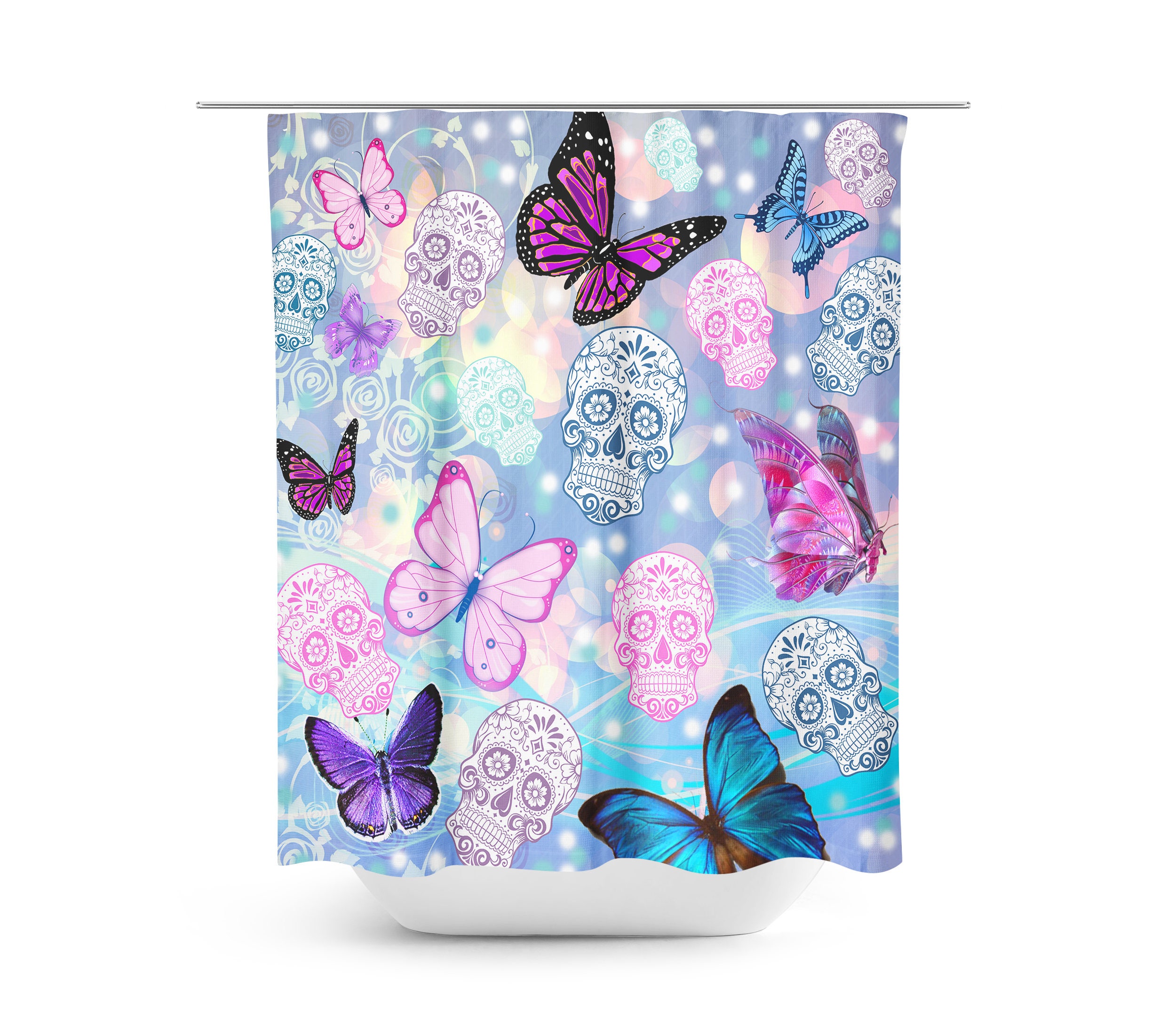 Sugar Skull Butterflies Shower Curtain with Day of the Dead Bath Items - Image 2