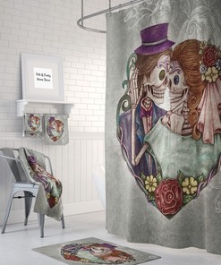 Sugar Skull Couple Day Of The Dead Shower Curtain, Gothic Bathroom Decor with Restroom Shower Curtain Ideas