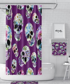 Sugar Skull Day of the Dead Purple Floral Shower Curtain - Mysterious Bath Curtain Bathroom Decor