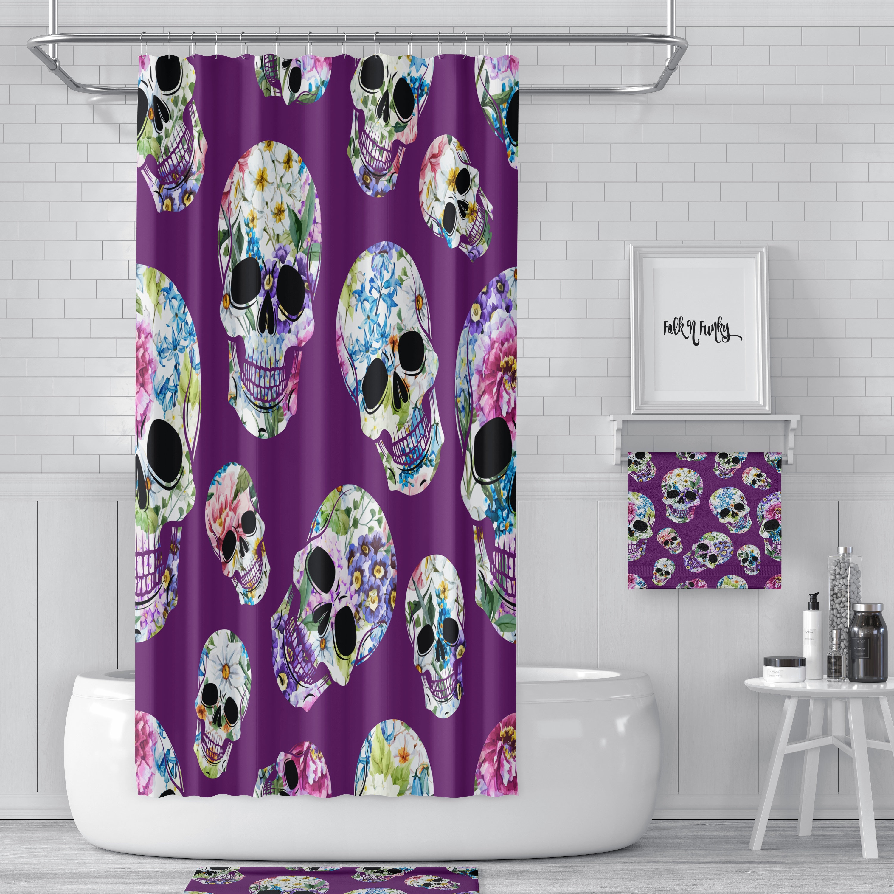 Sugar Skull Day of the Dead Purple Floral Shower Curtain - Mysterious Bath Curtain Bathroom Decor