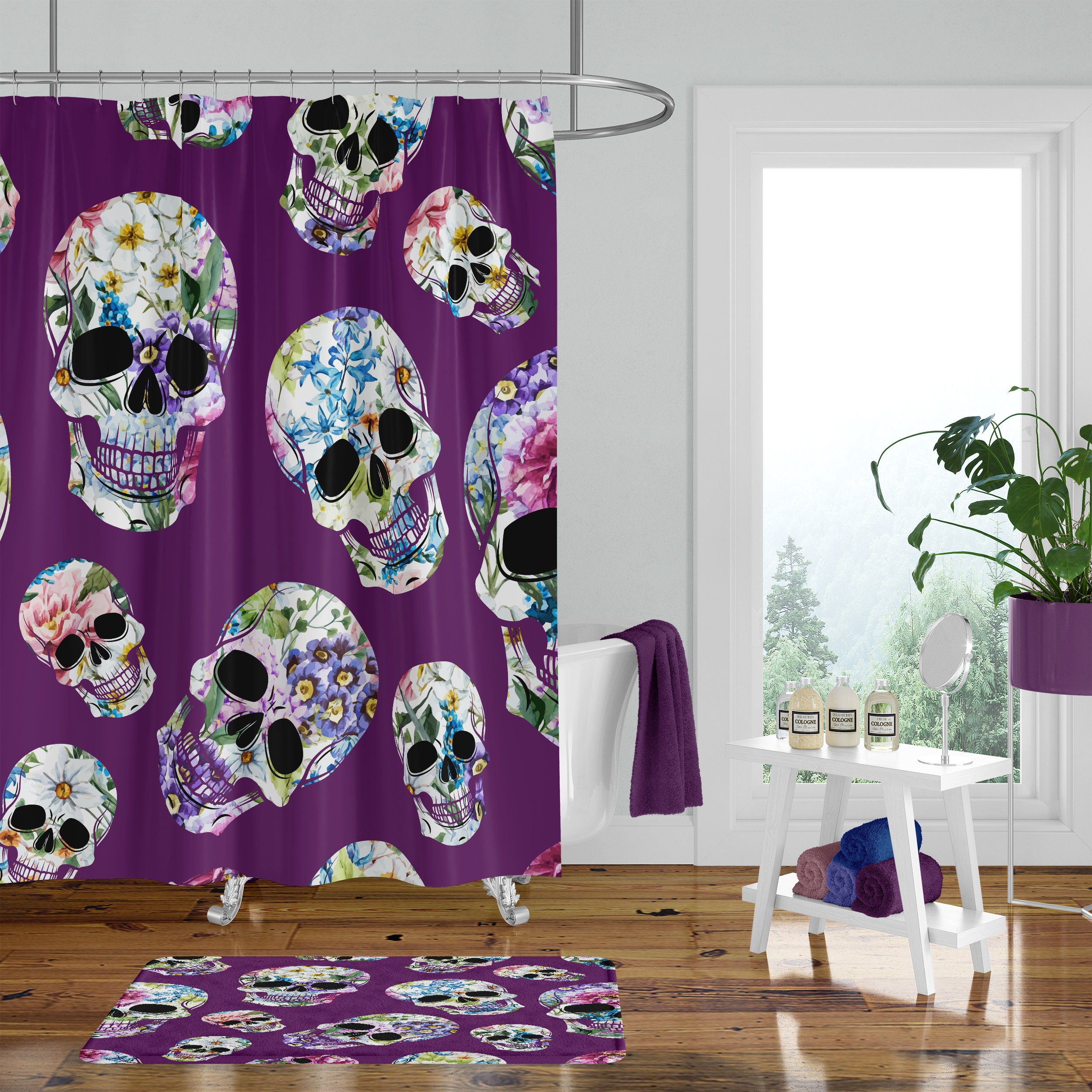 Sugar Skull Day of the Dead Purple Floral Shower Curtain - Mysterious Bath Curtain Bathroom Decor - Image 2