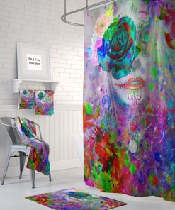 Sugar Skull Day of the Dead Shower Curtain - Colorful Fabric Bath Curtain with Matching Towels