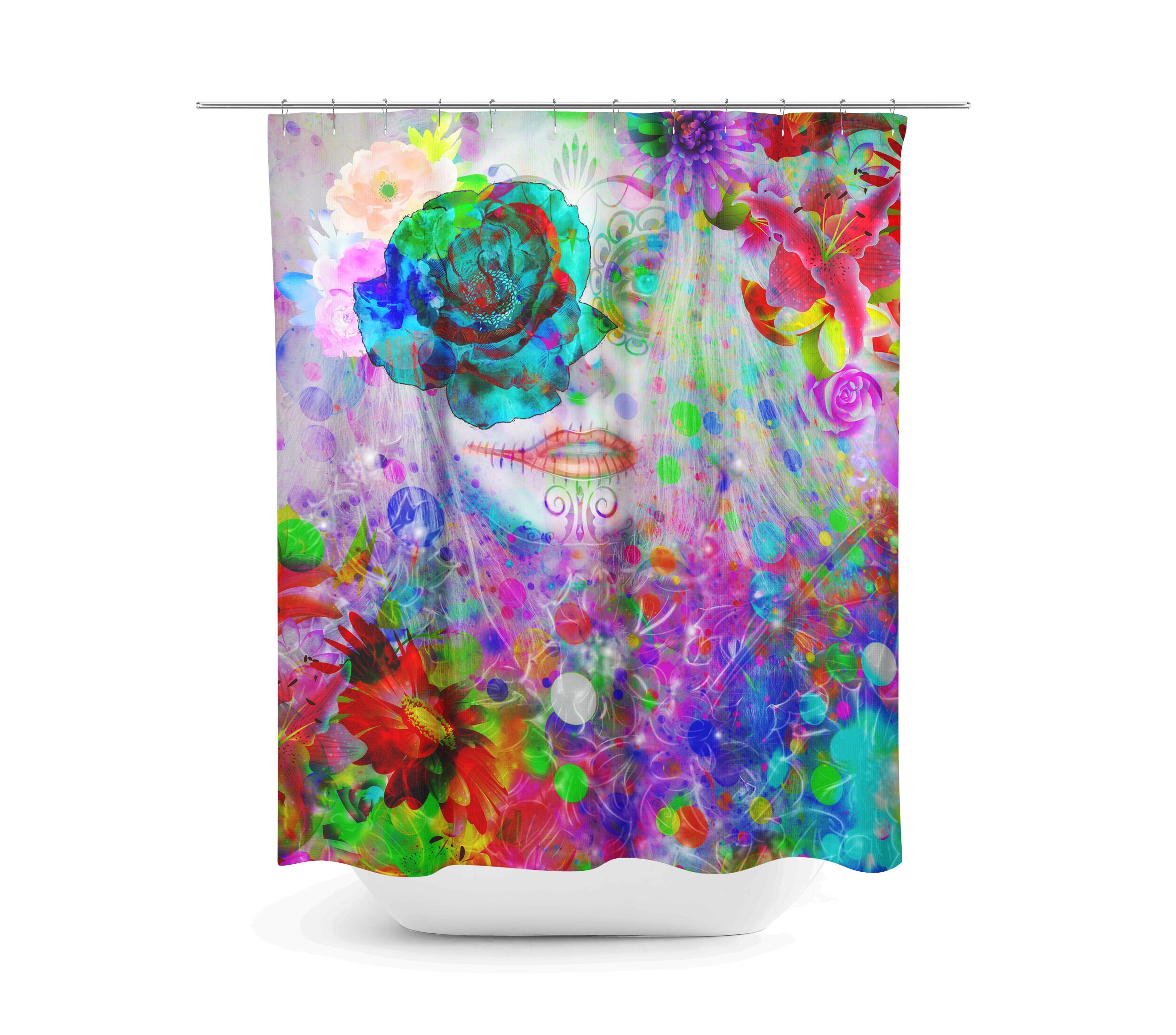 Sugar Skull Day of the Dead Shower Curtain - Colorful Fabric Bath Curtain with Matching Towels - Image 2