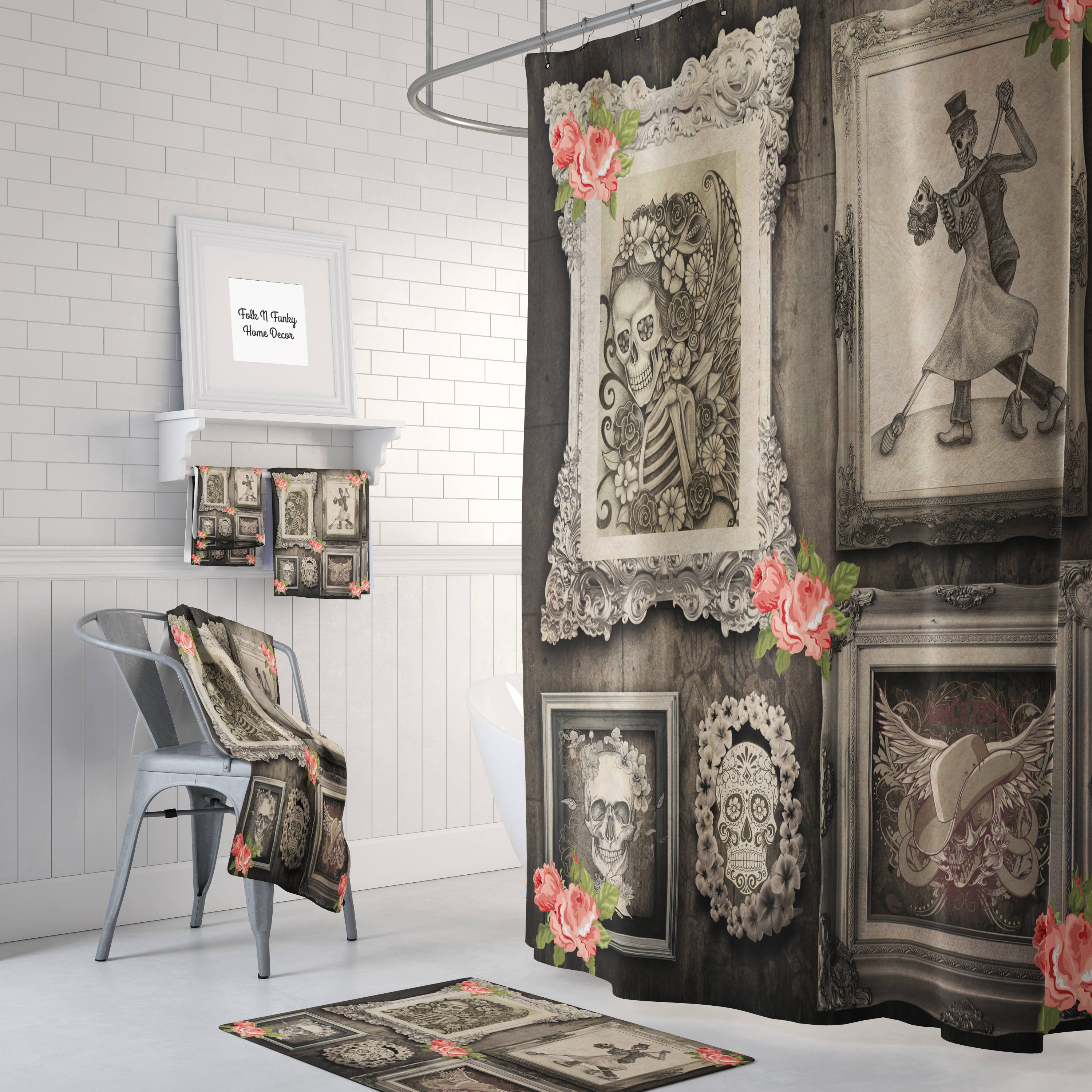 Sugar Skull Family Portrait Shower Curtain with Primitive Rustic Framed Skulls