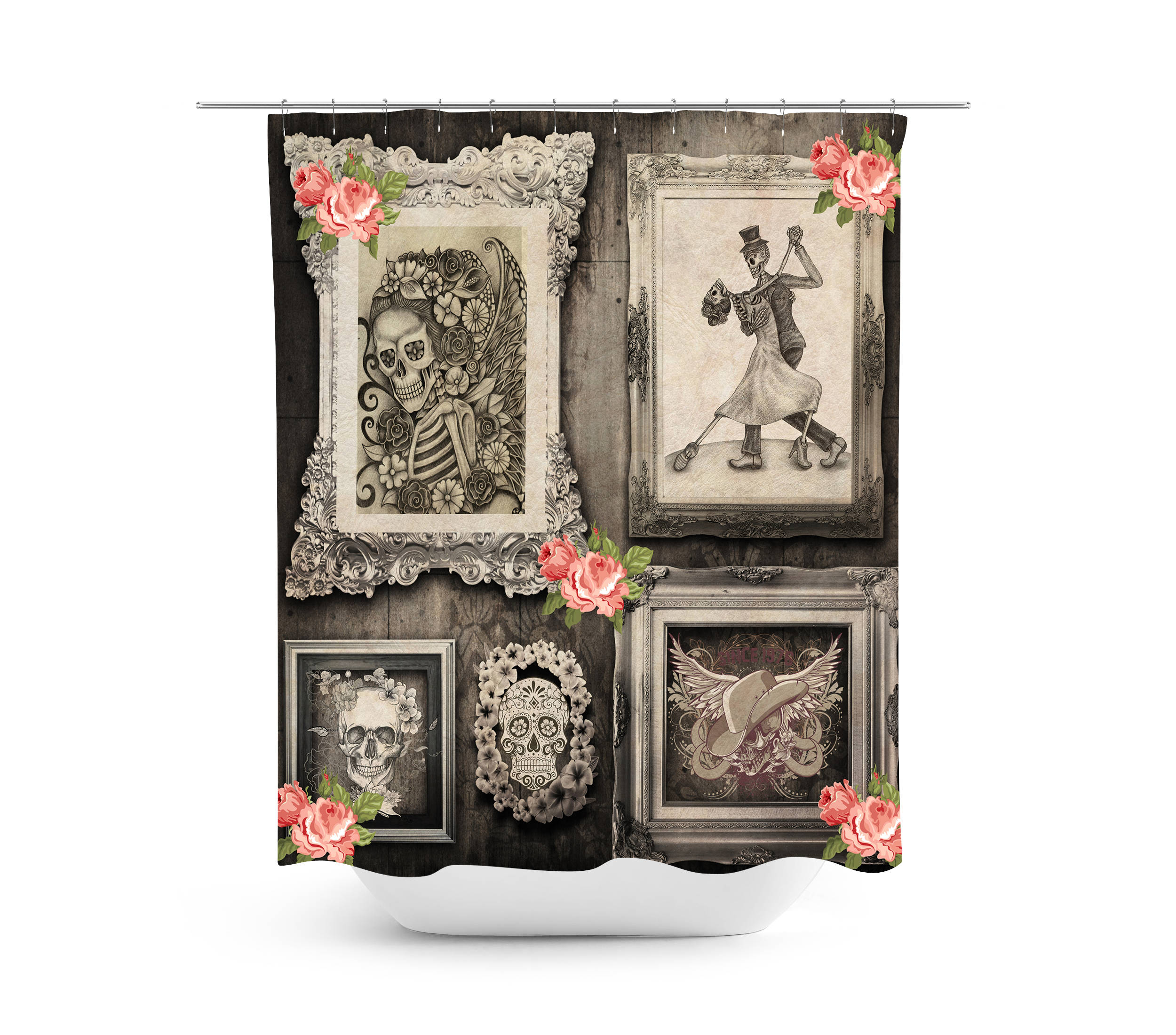 Sugar Skull Family Portrait Shower Curtain with Primitive Rustic Framed Skulls - Image 2