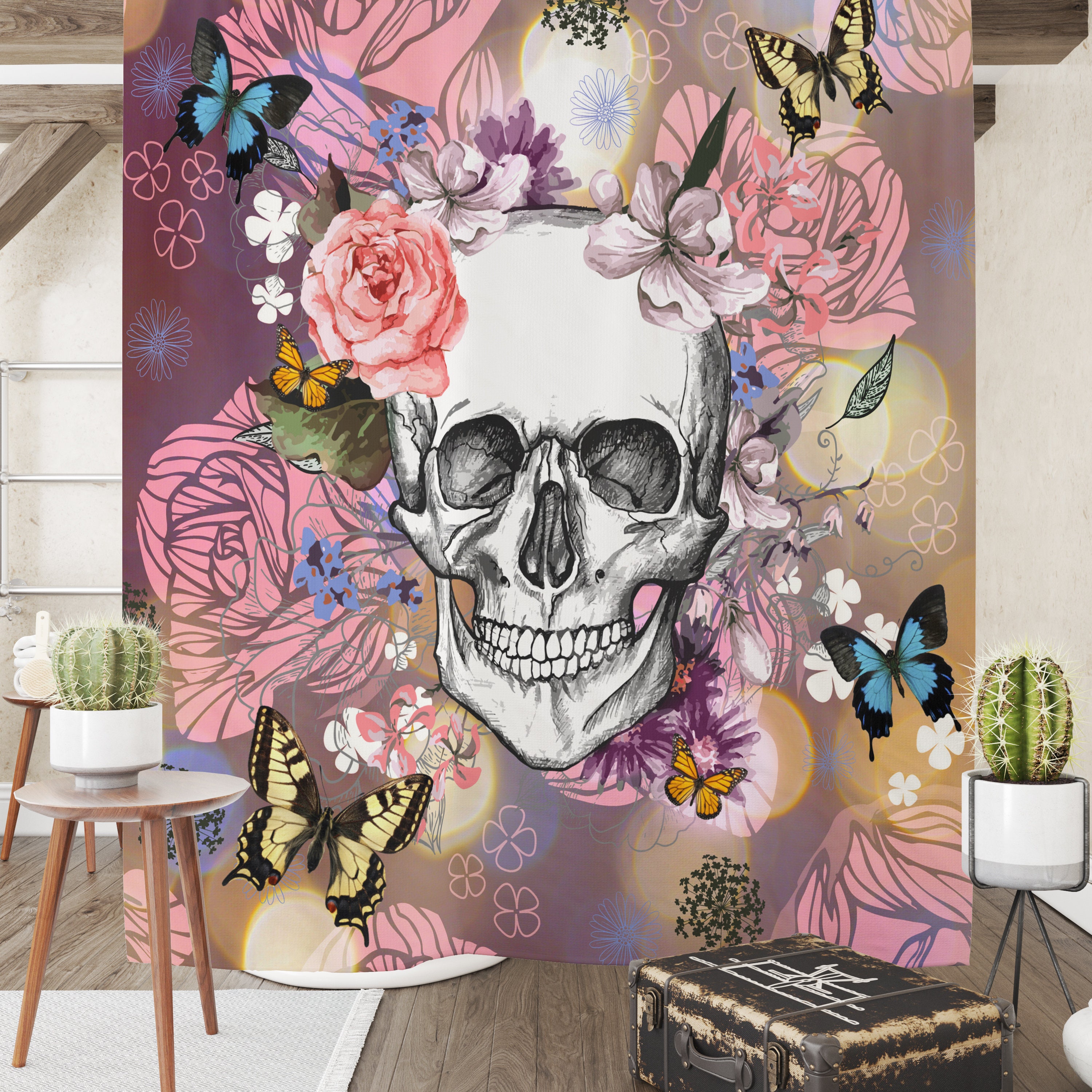 Sugar Skull Floral Shower Curtain Set with Bath Mat and Towels