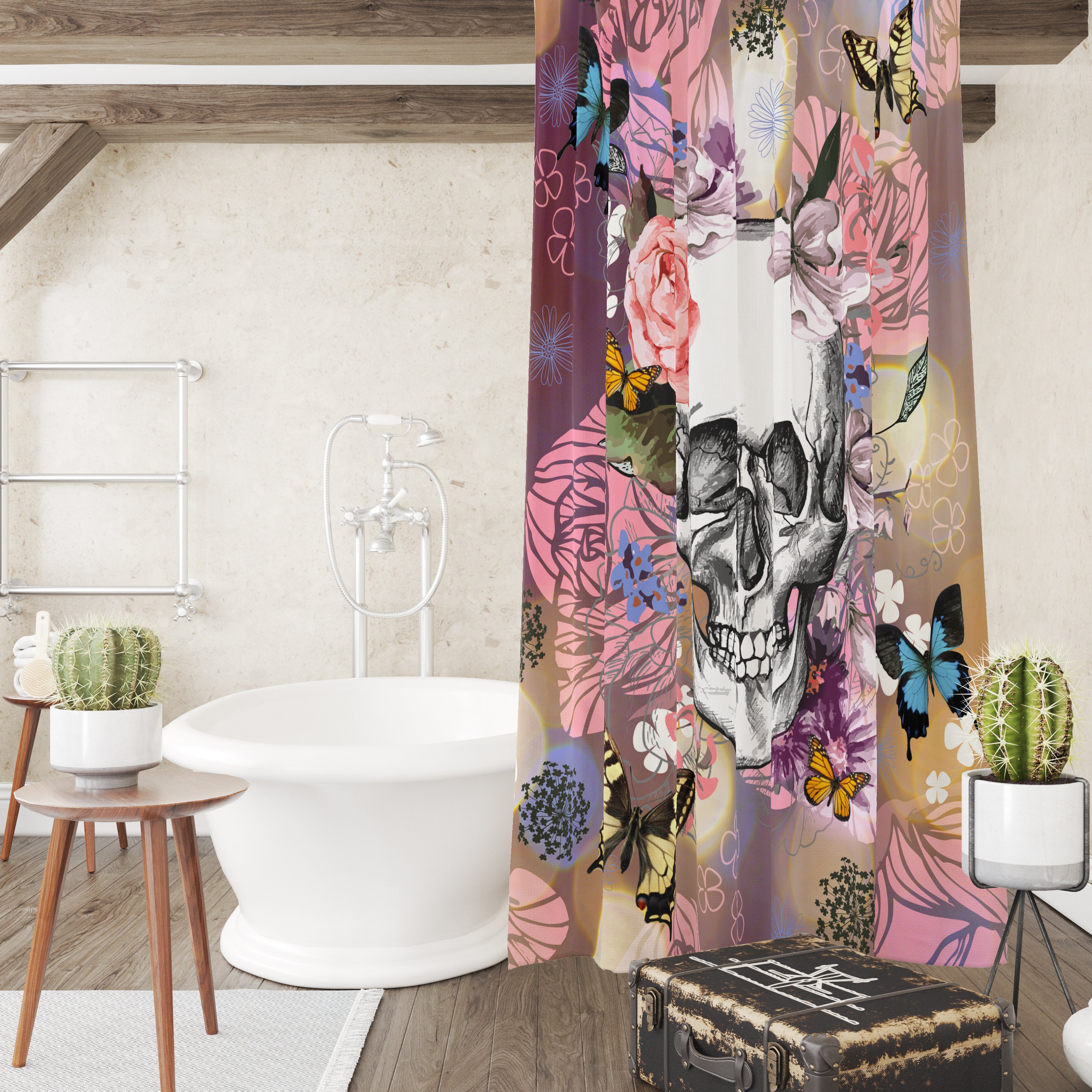 Sugar Skull Floral Shower Curtain Set with Bath Mat and Towels - Image 2