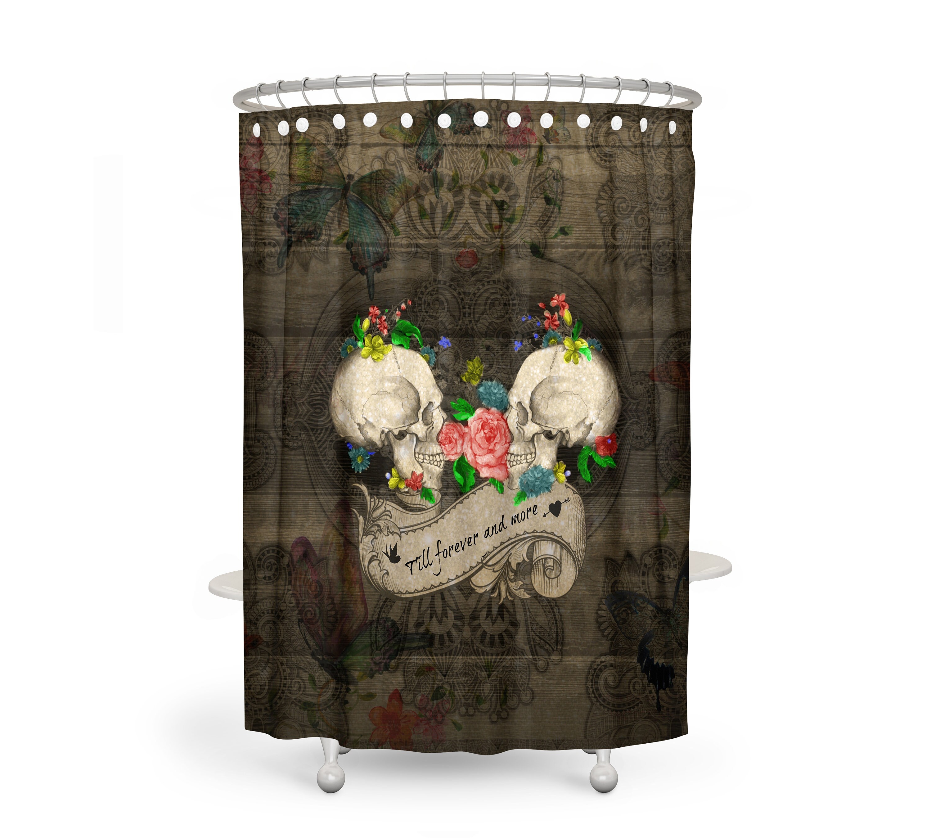 Sugar Skull Forevermore Shower Curtain Set with Bath Towel, Bath Mat, and Vintage Skulls - Image 2
