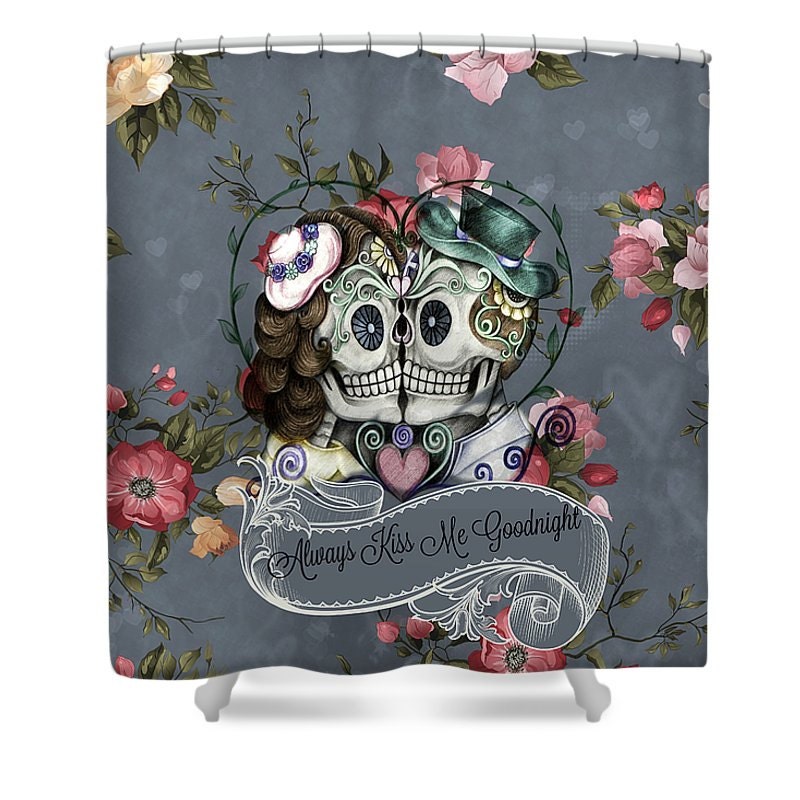 Sugar Skull Gray Rose Floral Shower Curtain - Quirky Bath Curtain Decor