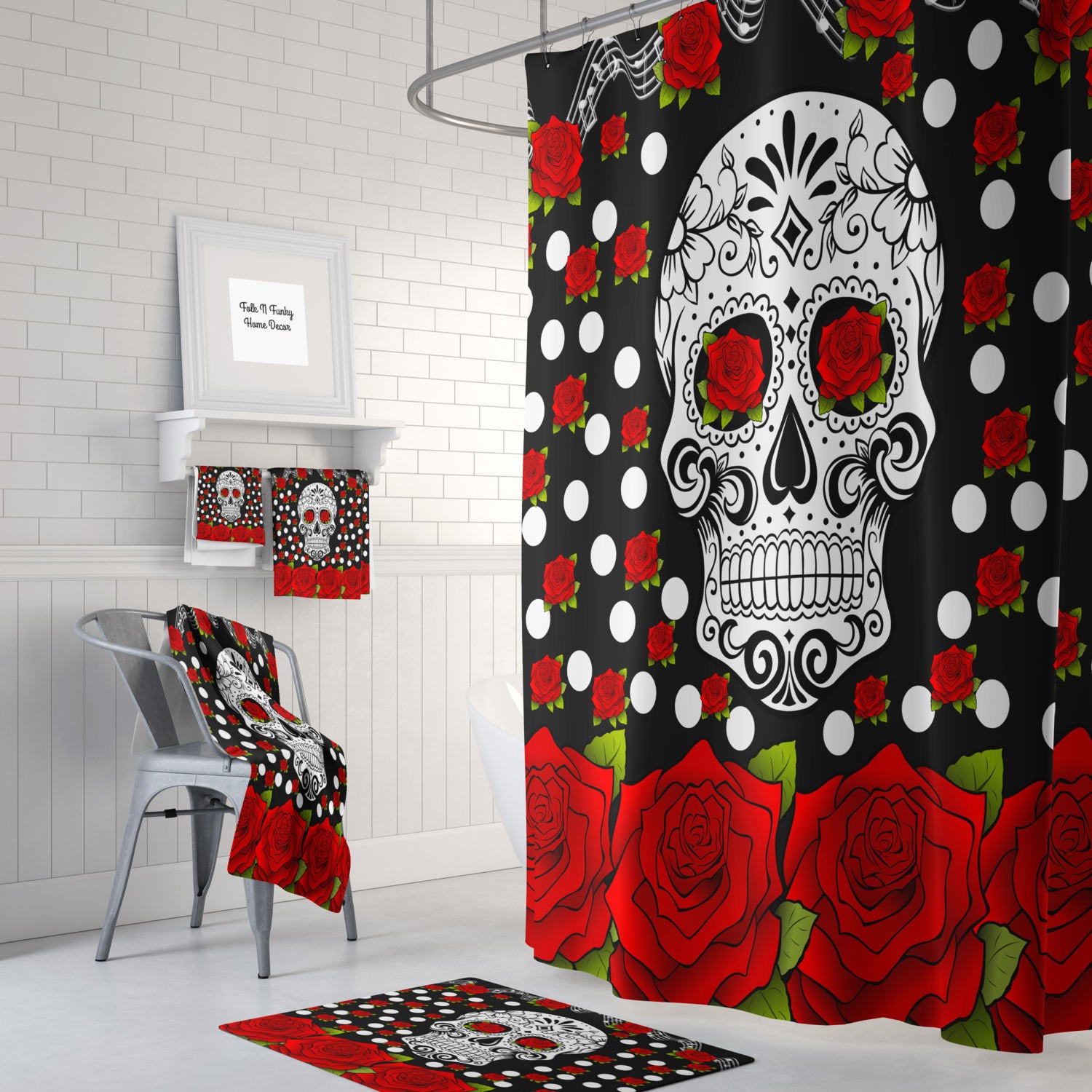 Sugar Skull Red Rose Bath Set, Day Of The Dead Bathroom Decor with Restroom Shower Curtains Decorative