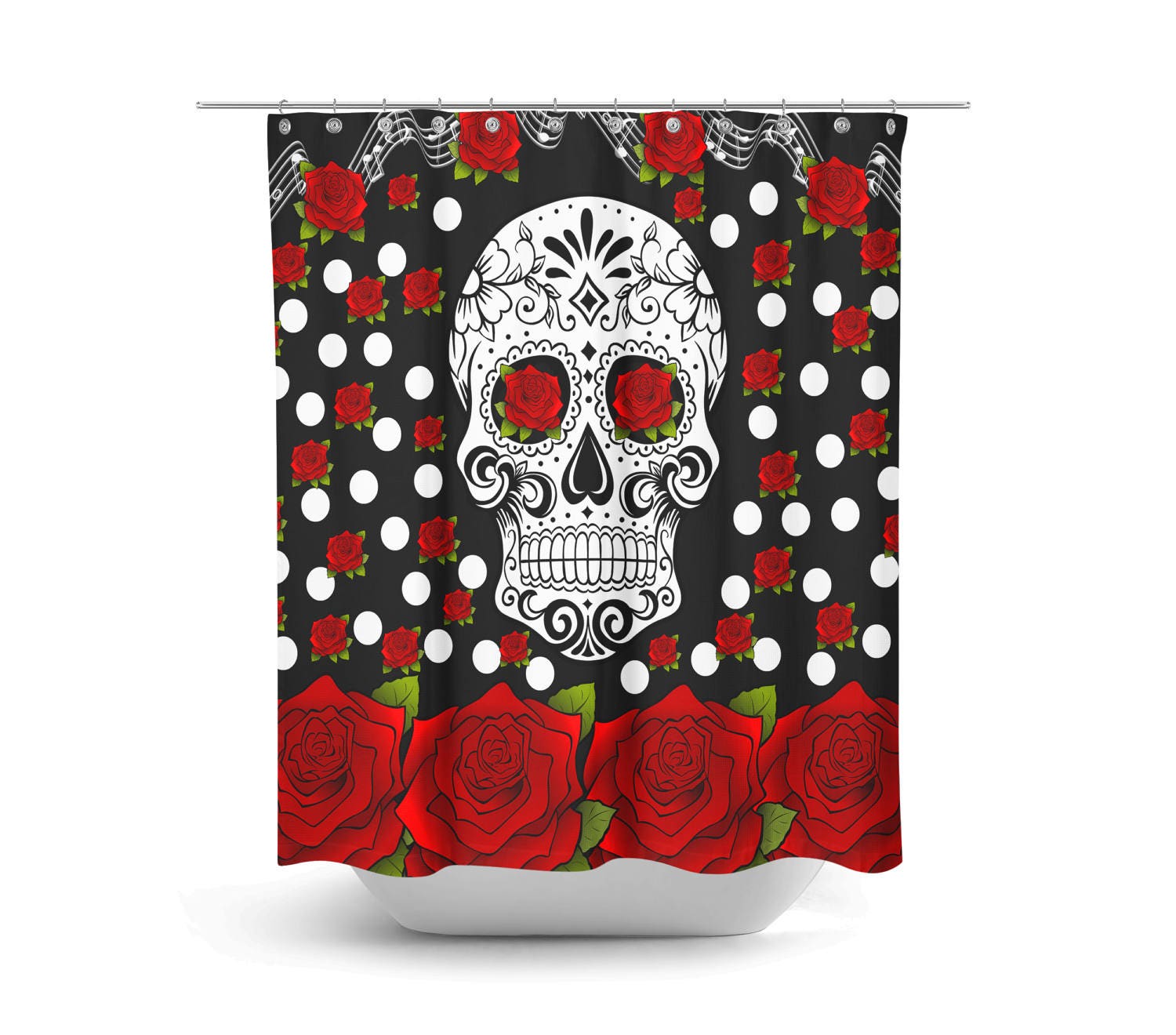 Sugar Skull Red Rose Bath Set, Day Of The Dead Bathroom Decor with Restroom Shower Curtains Decorative - Image 2