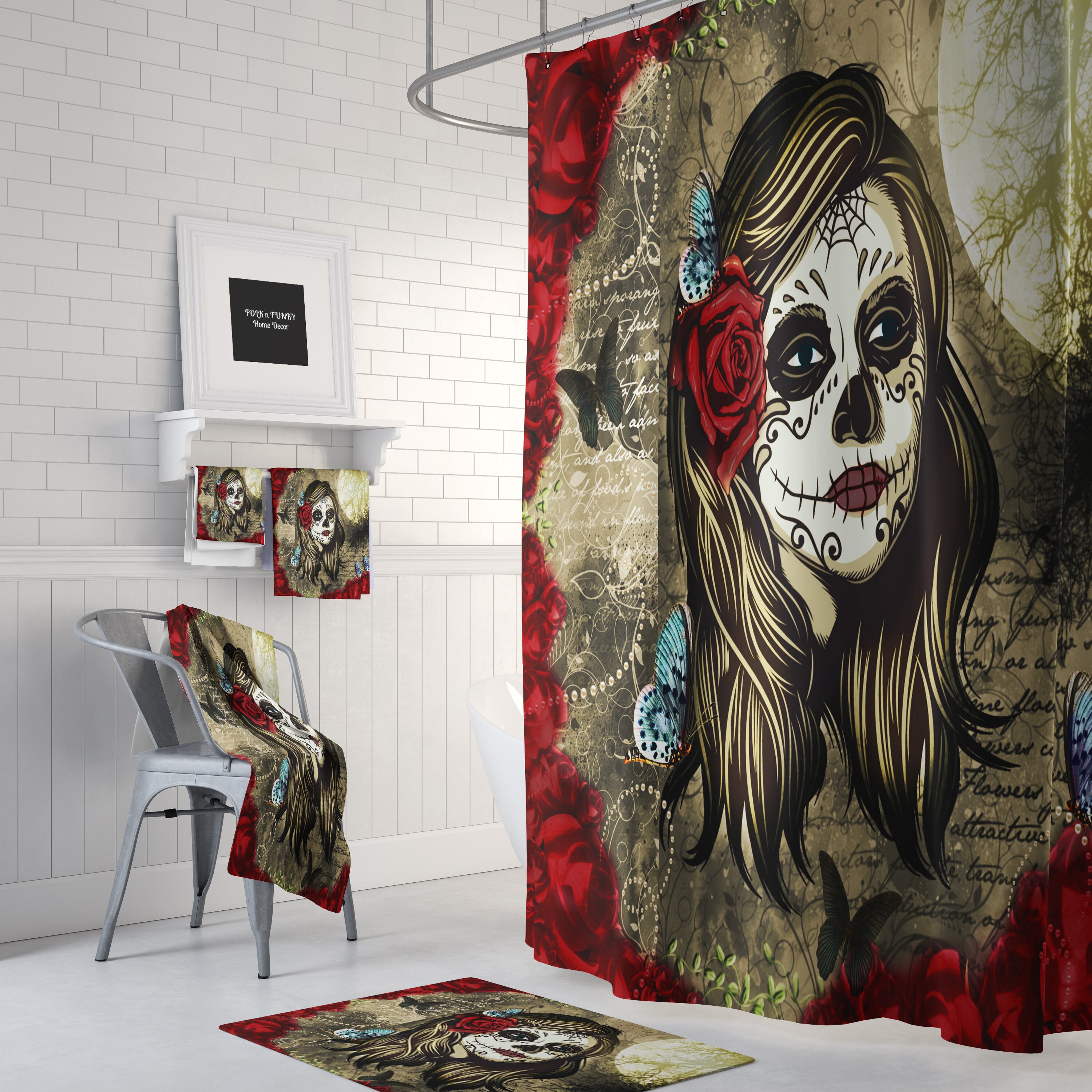 Sugar Skull Red Rose La Rosa Bath Set, Day Of The Dead Bathroom Decor with Restroom Shower Curtains Decorative
