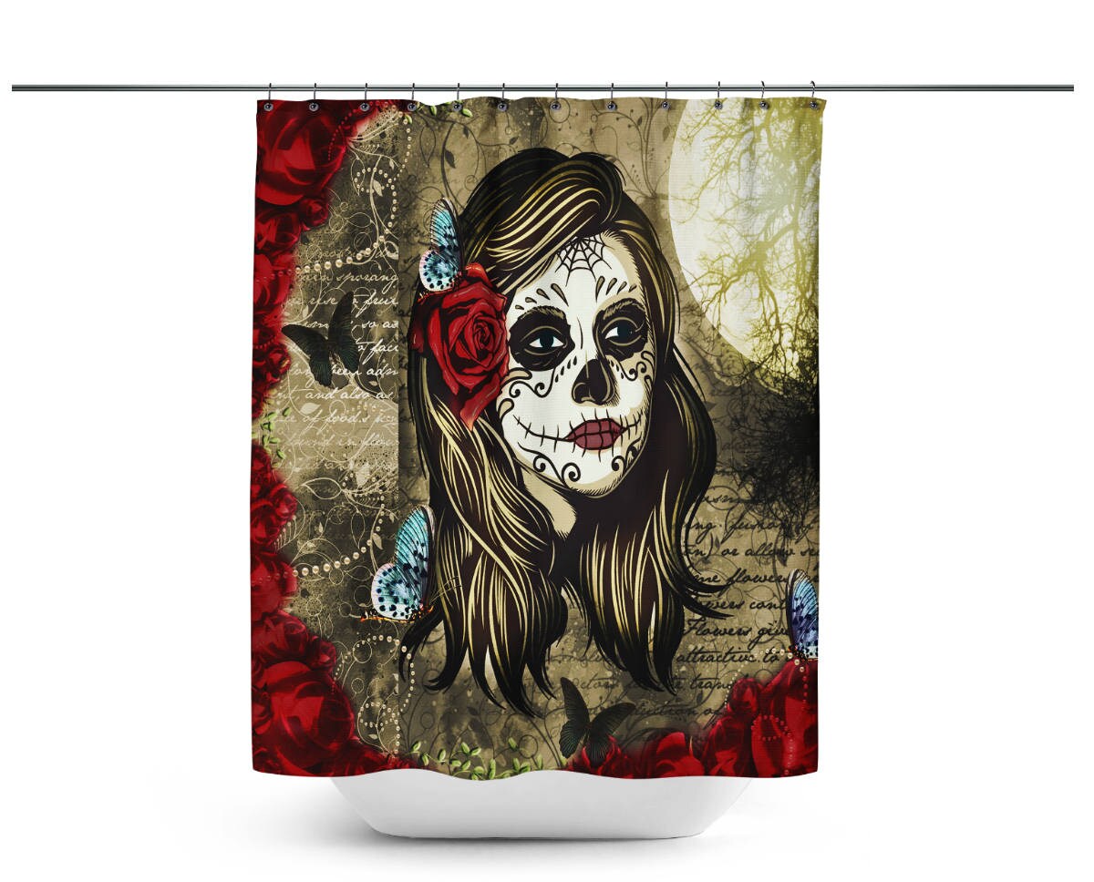 Sugar Skull Red Rose La Rosa Bath Set, Day Of The Dead Bathroom Decor with Restroom Shower Curtains Decorative - Image 2